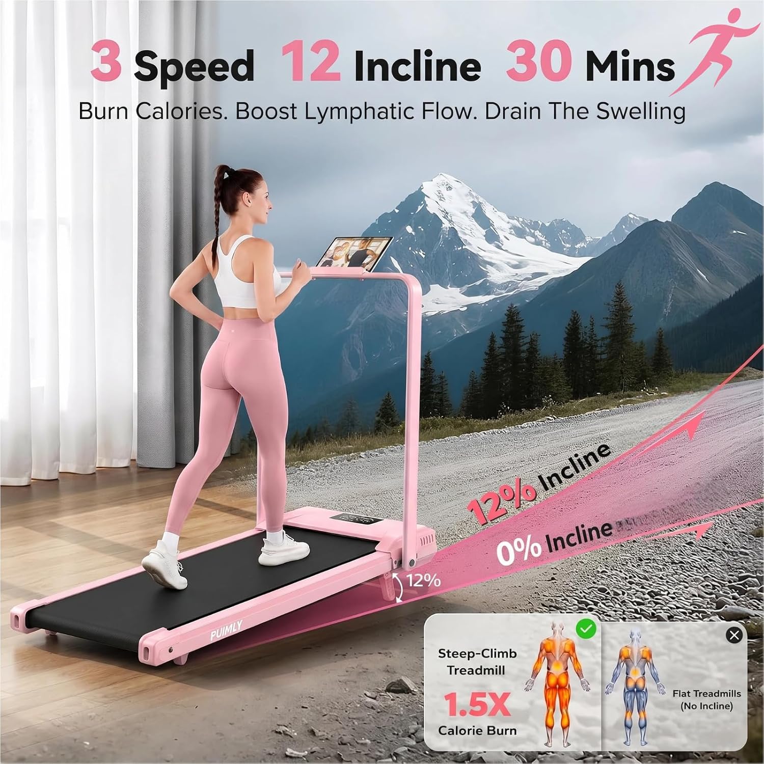 FUNMILY Walking Pad Treadmill with Incline, Foldable Treadmills for Home Office, Portable Walking Pad 300lbs Capacity, Remote Control, Led Touch Screen, 2s Folding Treadmill