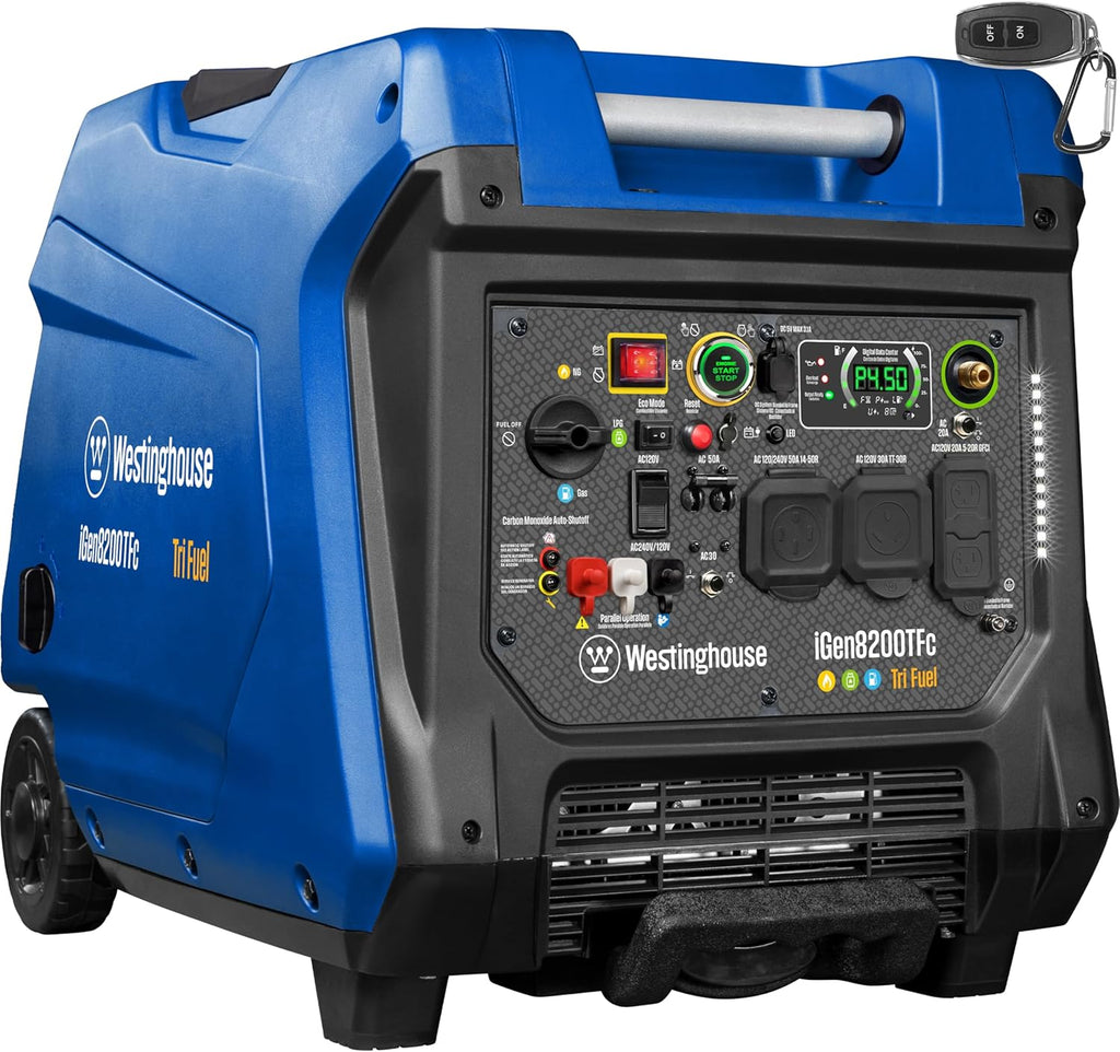 Westinghouse 8200 Peak Watt Tri-Fuel Portable Inverter Generator, Remote Electric Start, Transfer Switch Ready, Gas, Propane, Natural Gas, Low THD, Safe for Electronics, Parallel Capable, CO Sensor