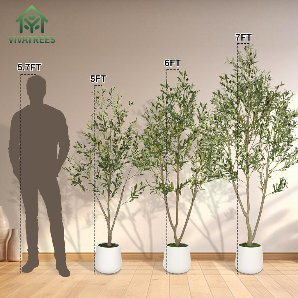 VIVATREES Olive Trees Artificial Indoor, 7FT Tall Faux Olive Tree with White Tall Planter, Artificial Plants with Natural Wood Trunk and Lifelike Fruits for Home Office Decor