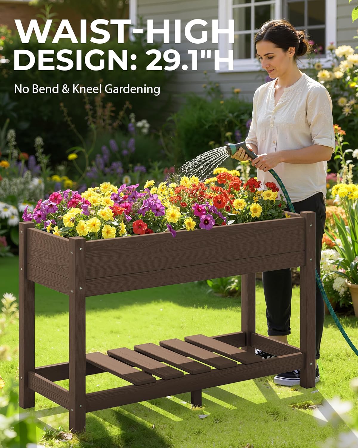 SERWALL Raised Garden Bed with Legs, 43"×17"×30" Large HDPE Elevated Planter Box for Vegetables Flower Herb Patio, All Weather Use- Brown