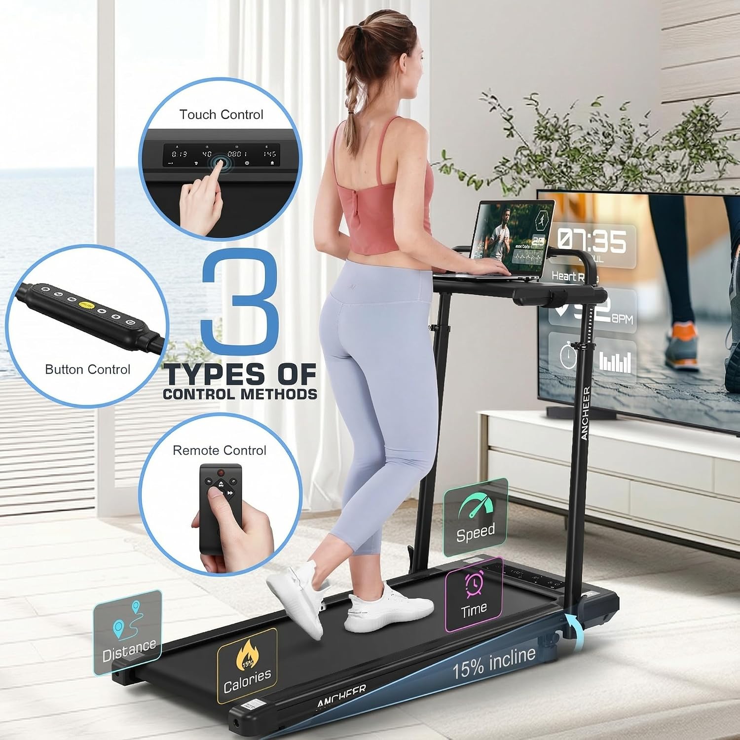 Treadmill with Desk Workstation & Adjustable Height, 450 lbs Weight Capacity, Folding Incline Treadmill with Handle Bar, Portable Ultra-Quiet 3.5HP Walking Pad Treadmill with Desktop for Home Office