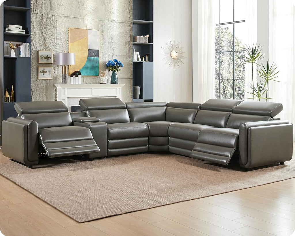 Amerlife Power Recliner Sectional Sofa, Reclining Sofa with Storage/USB Port, Leather Recliner Sofa with Adjustable Headrest, 5 Seats Reclining Sectional Couches with Console and Cup Holder, Dark Grey