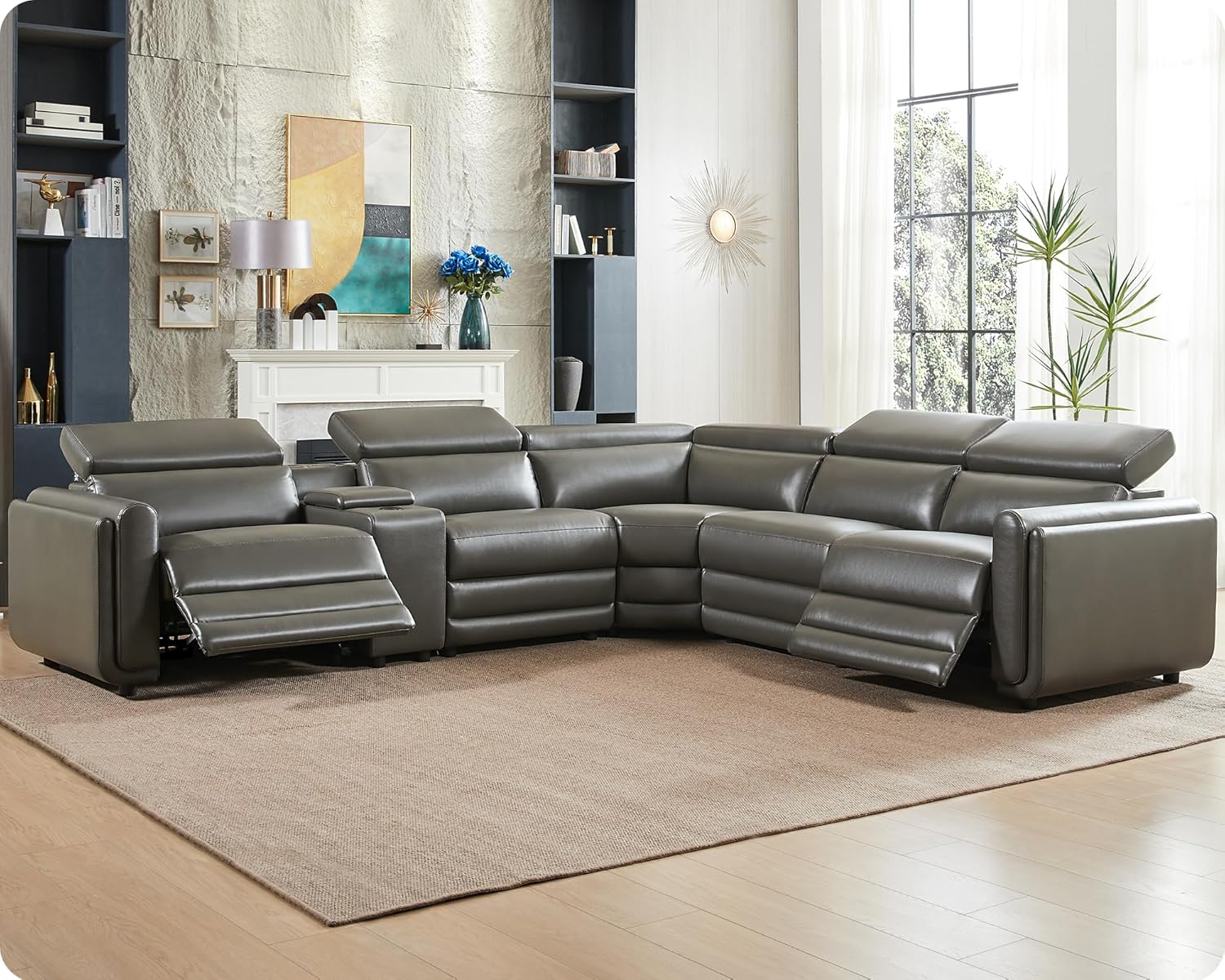 Amerlife Power Recliner Sectional Sofa, Reclining Sofa with Storage/USB Port, Leather Recliner Sofa with Adjustable Headrest, 5 Seats Reclining Sectional Couches with Console and Cup Holder, Dark Grey