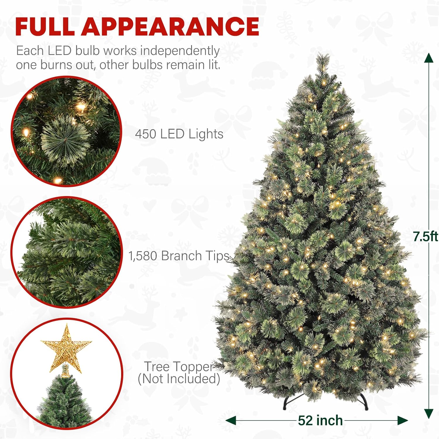 7.5 ft Prelighted Pine Christmas Tree, Artificial Christmas Tree with 450 Warm White Lights, 1580 PVC Branch Tips, Premium Stand, Easy Assembly for Indoor Holiday Decorating