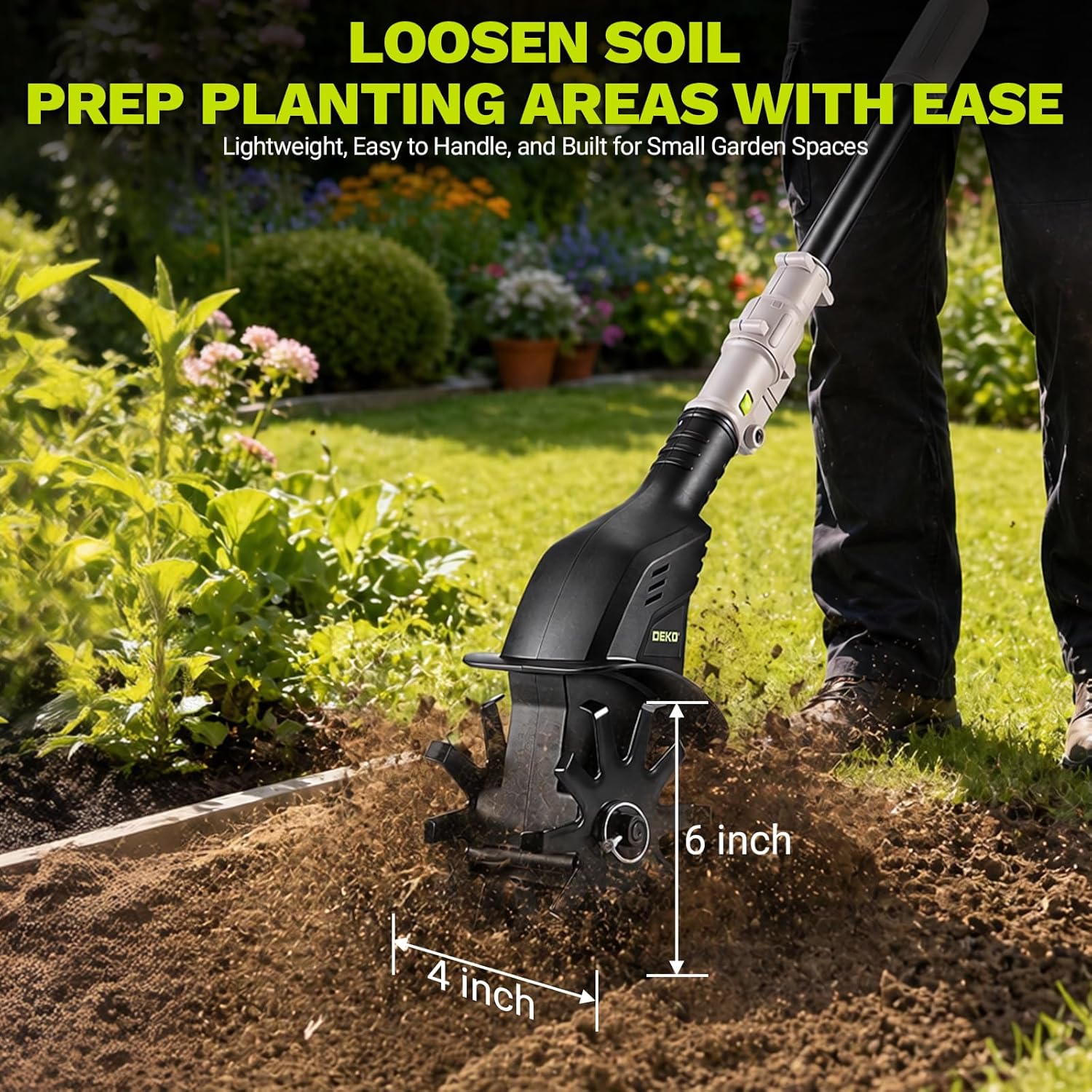 DEKOPRO Cordless Tiller Cultivator for Gardening, 20V Electric Garden Tiller with Battery & Charger, Lightweight Battery Powered Rototiller for Gardening, Yard, Soil Cultivation, Raised & Flower Beds