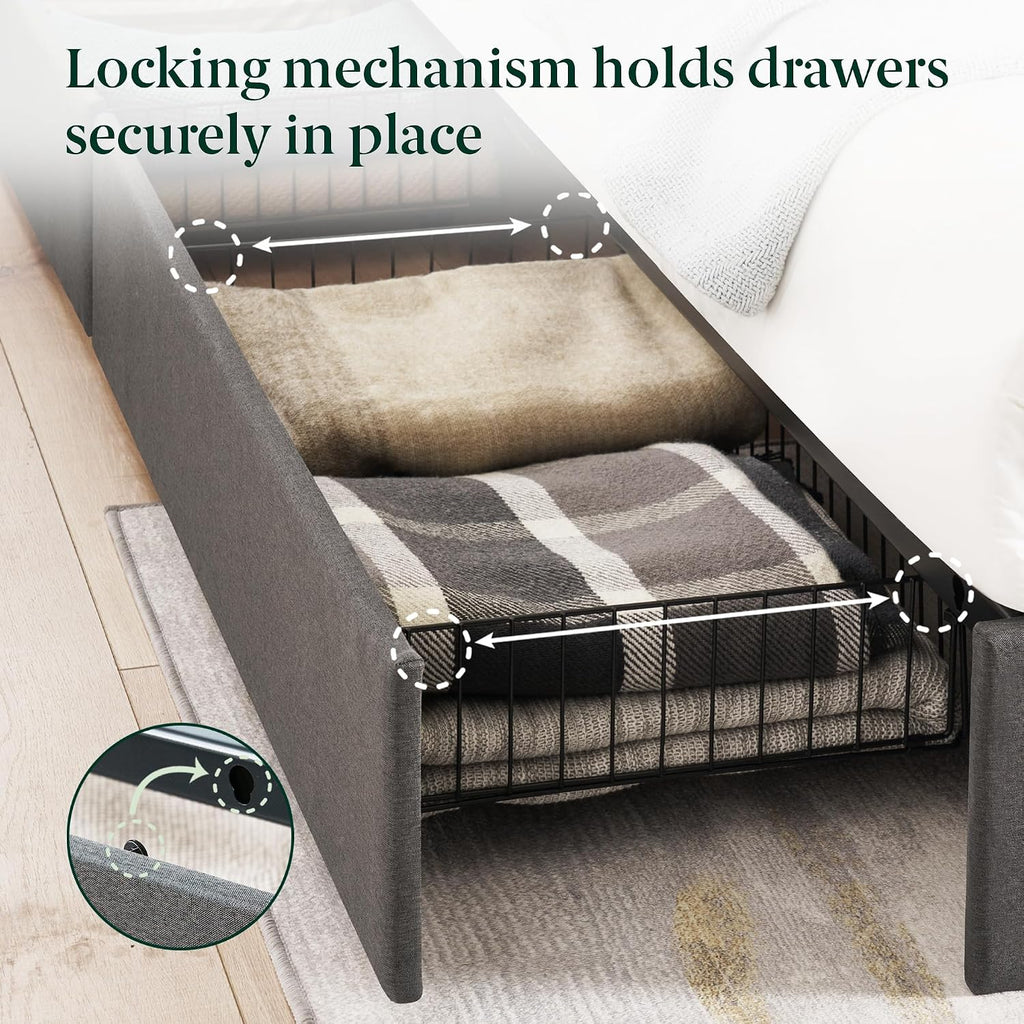 Zinus Billie Platform Bed Frame, Four Underbed Storage Drawers, Height Adjustable Headboard, Upholstered Style, Queen