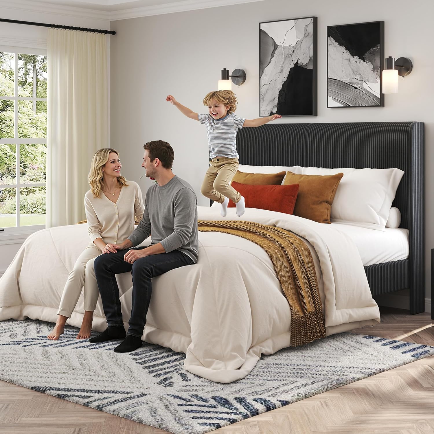 AMERLIFE Queen Bed Frame, Upholstered Platform Bed with Corduroy Headboard, Easy Assembly Modern Black Bed Frame with Wooden Slats Support, No Box Spring Needed, 8" Under-Bed Storage Clearance