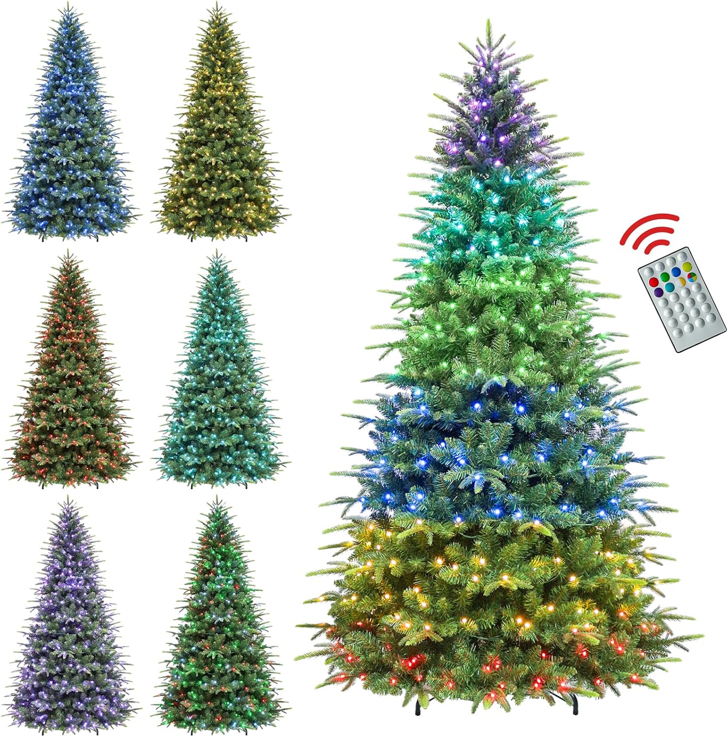 6 ft Lighted Artificial Christmas Tree with Remote Control, 350 Multicolor RGB Lights, Artificial Hinged Christmas Tree with 1420 PE&PVC Branch Tips for Holiday Decor, 15 Modes