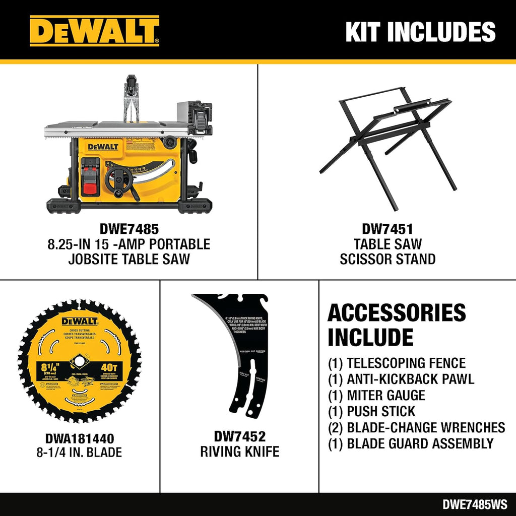 DEWALT Portable Table Saw with Stand, 8-1/4 inch, up to 48-Degree Angle Cuts (DWE7485WS)