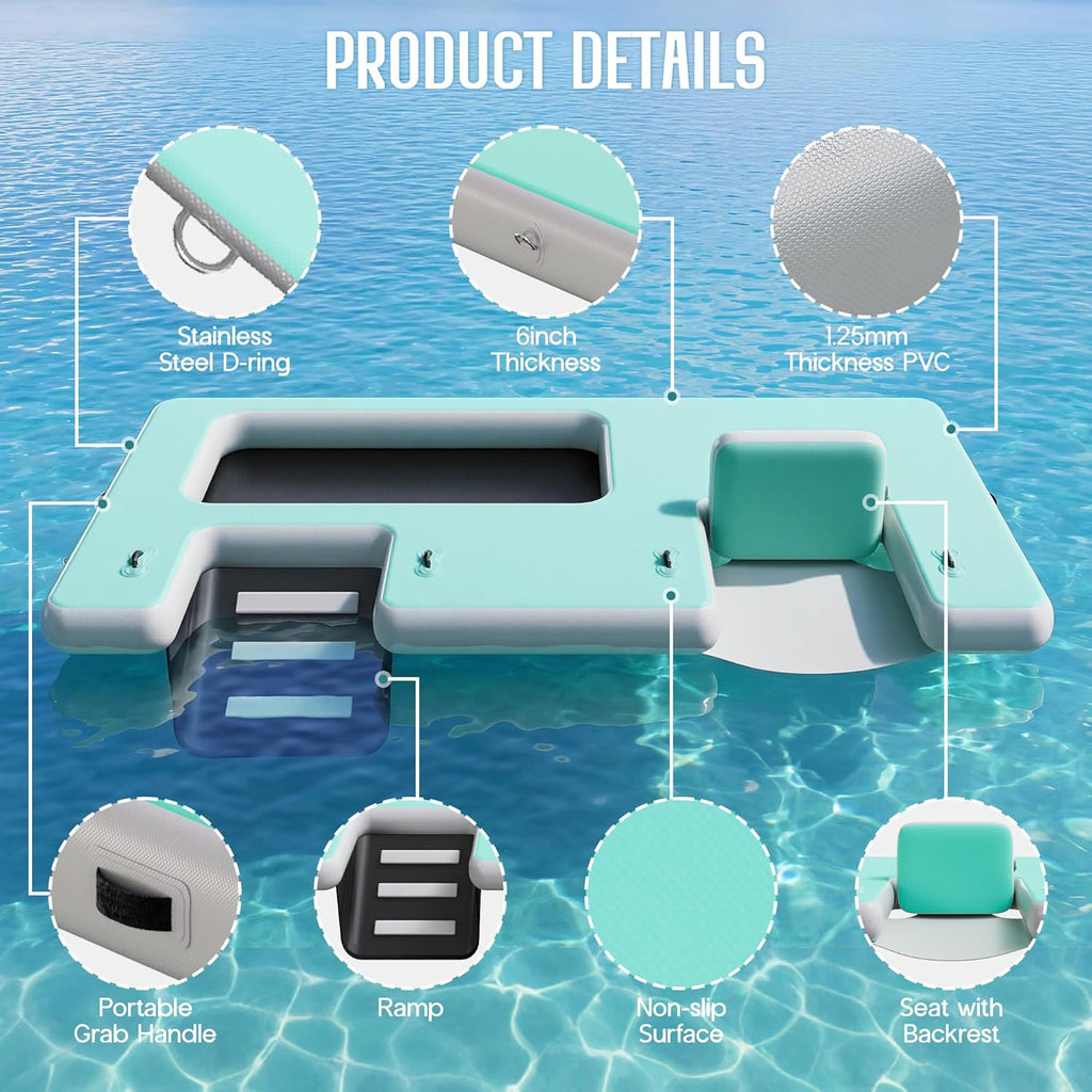 SPECRAFT Inflatable Floating Dock, Non-Slip 6/7/8/10/12 FT Air Dock Platform loating Island Raft with Rope Ladder for Pool Lake Beach Ocean