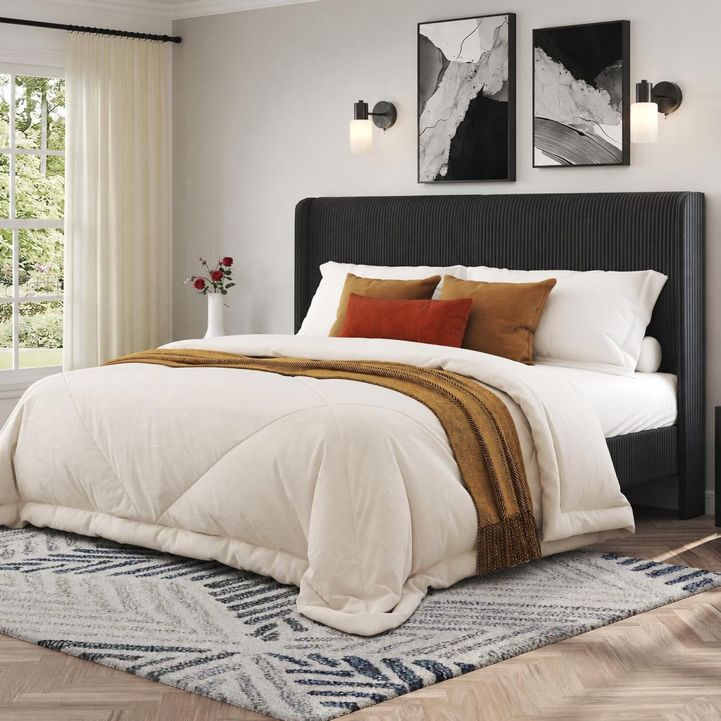 AMERLIFE Queen Bed Frame, Upholstered Platform Bed with Corduroy Headboard, Easy Assembly Modern Black Bed Frame with Wooden Slats Support, No Box Spring Needed, 8" Under-Bed Storage Clearance
