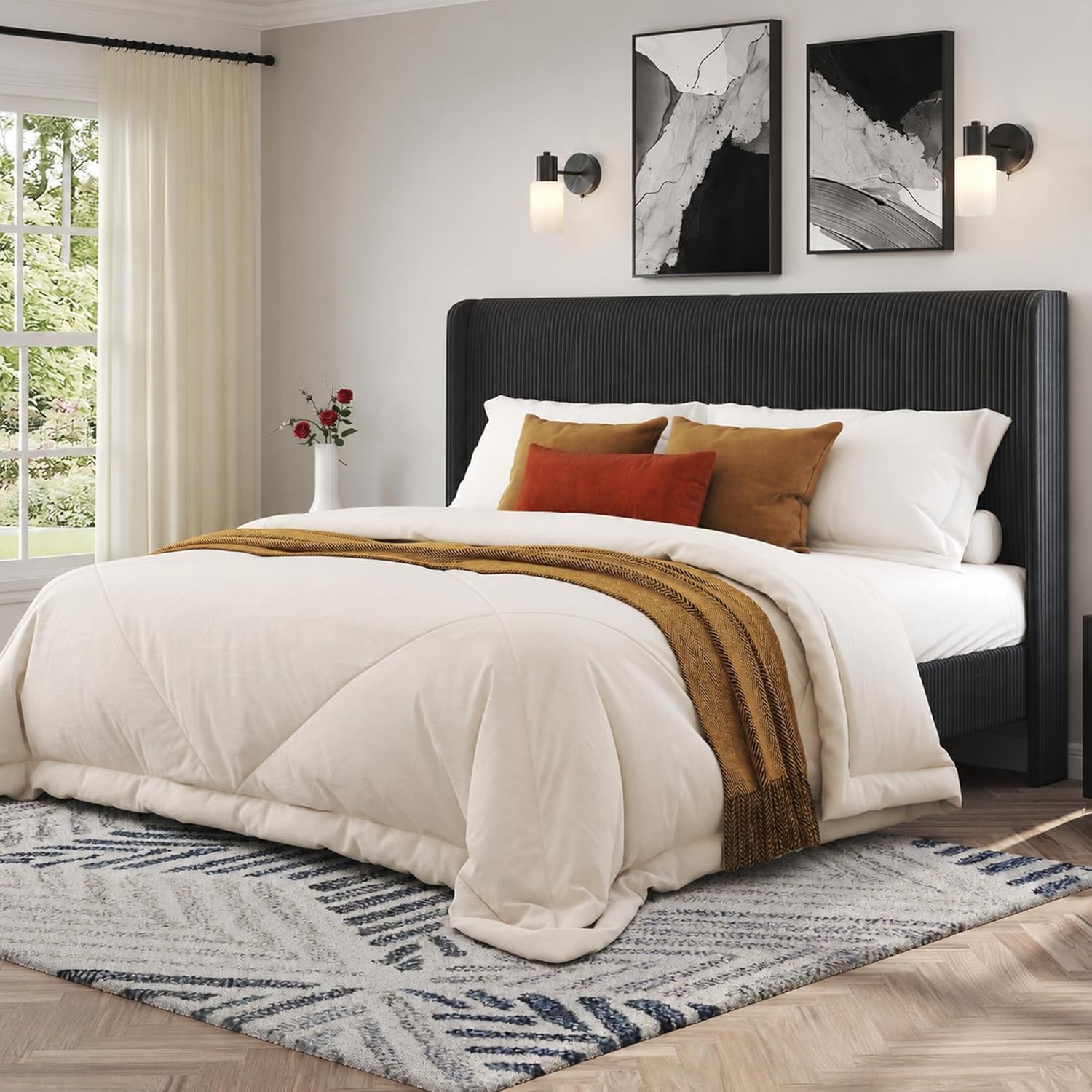 AMERLIFE Queen Bed Frame, Upholstered Platform Bed with Corduroy Headboard, Easy Assembly Modern Black Bed Frame with Wooden Slats Support, No Box Spring Needed, 8" Under-Bed Storage Clearance