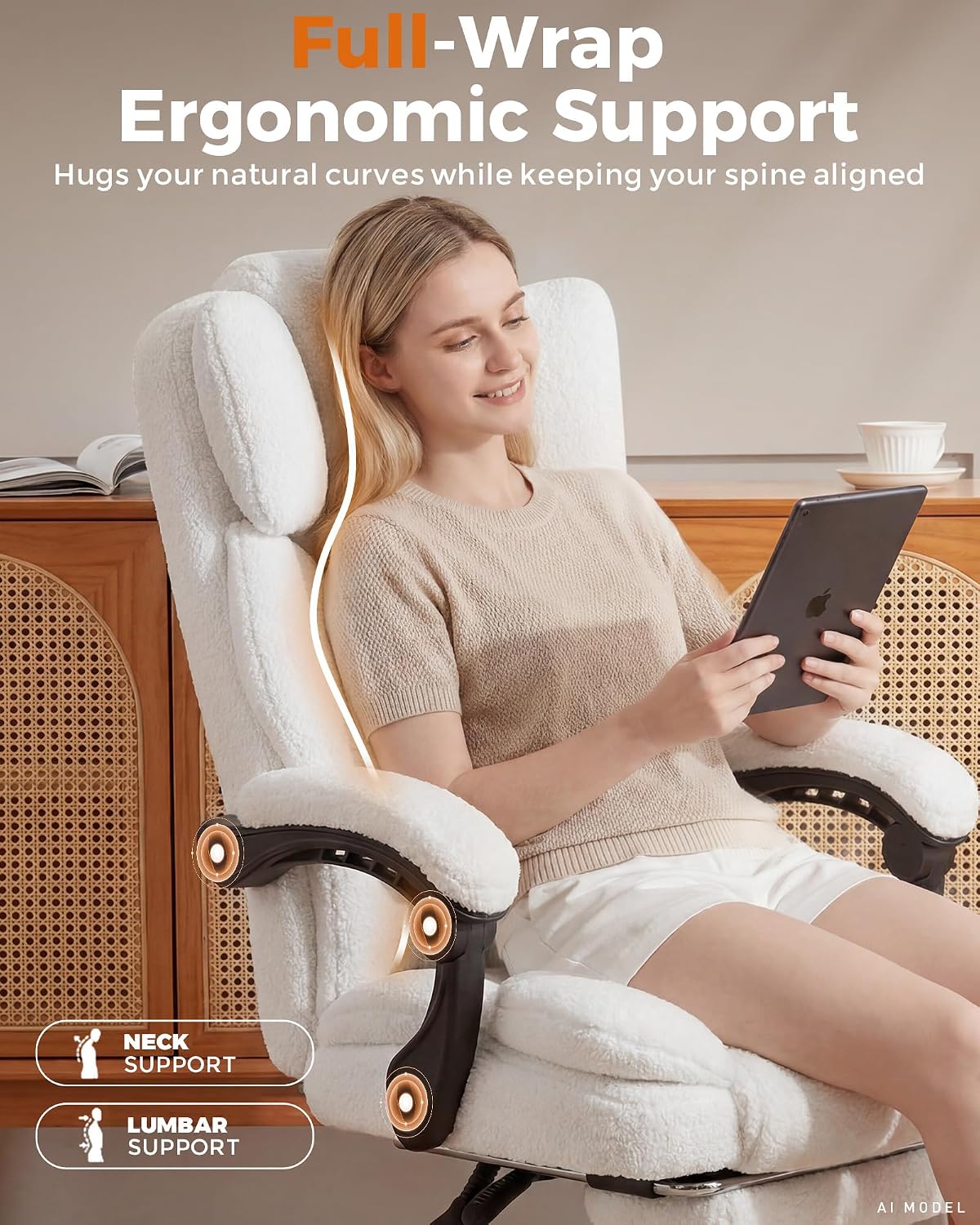 GTPLAYER Big and Tall Office Chair with Pocket Spring Cushion & Ergonomic Lumbar Support for Lower Back Pain Relief, High Back Computer Gaming Chair with Foot Rest, Comfy Teddy Fleece, White
