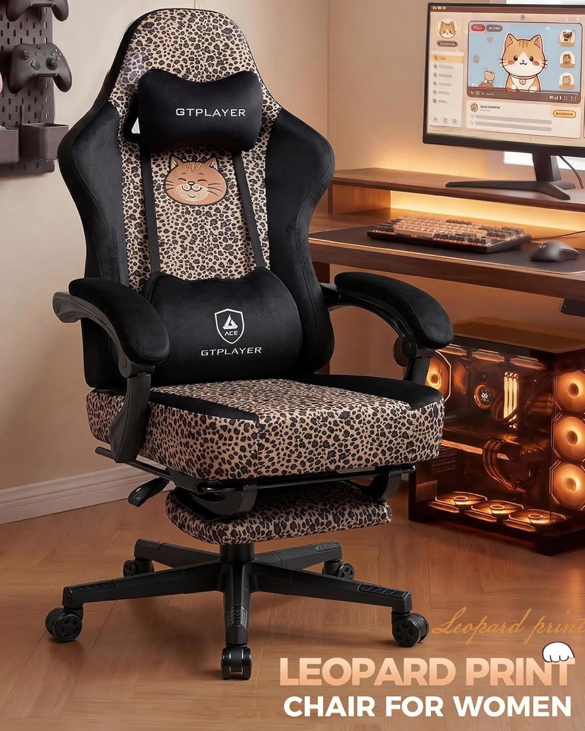 GTPLAYER Gaming Chair with Leopard Print Cat, Cute Velvet Fabric Ergonomic Office Chair with Footrest Headrest and Lumbar Support, Big and Tall Comfortable Video Gamer Chair for Women Gift