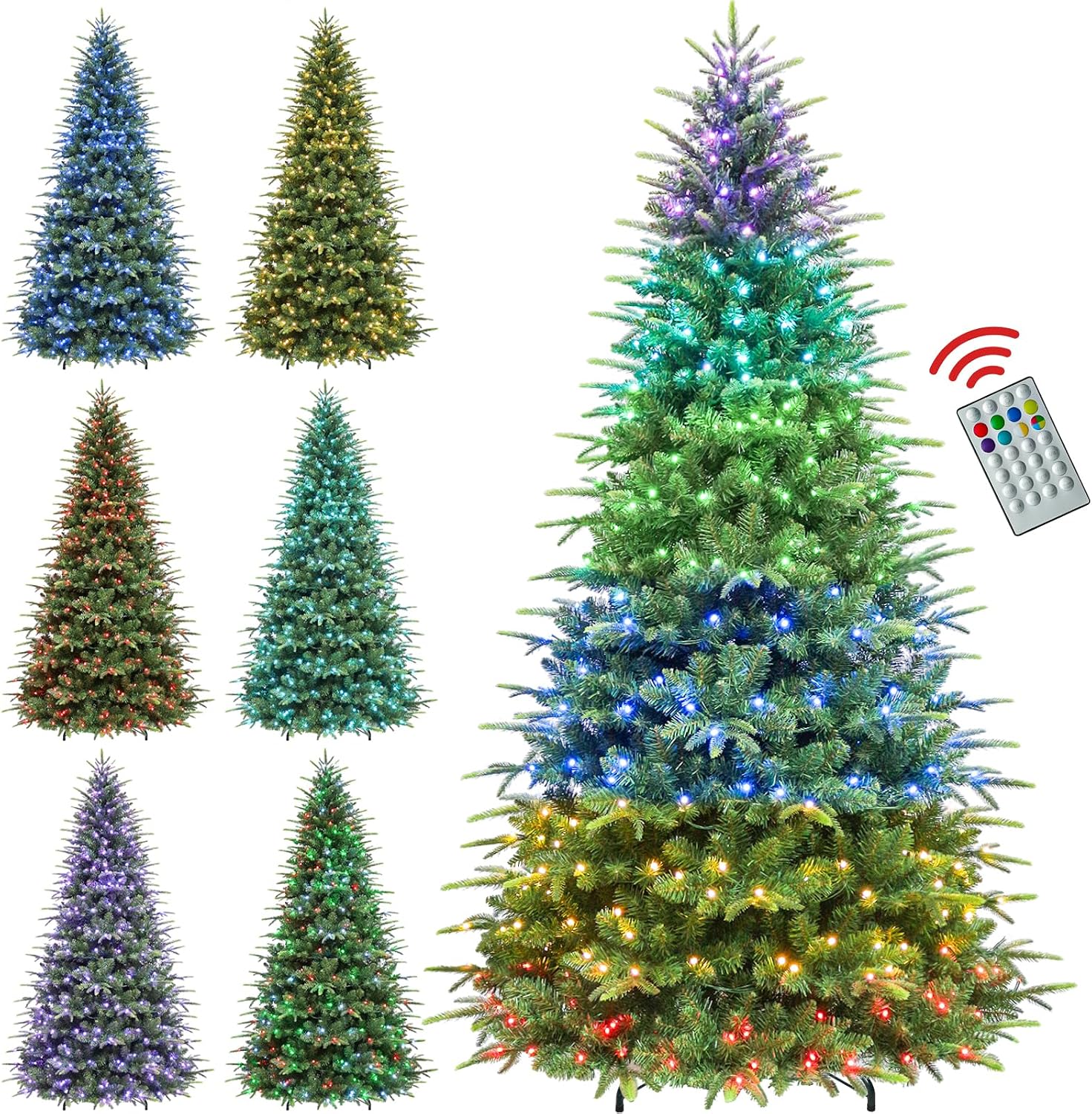 7.5 ft Lighted Artificial Christmas Tree with Remote Control, 450 Multicolor RGB Lights, Artificial Hinged Christmas Tree with 1948 PE&PVC Branch Tips for Home, Decor, 15 Modes