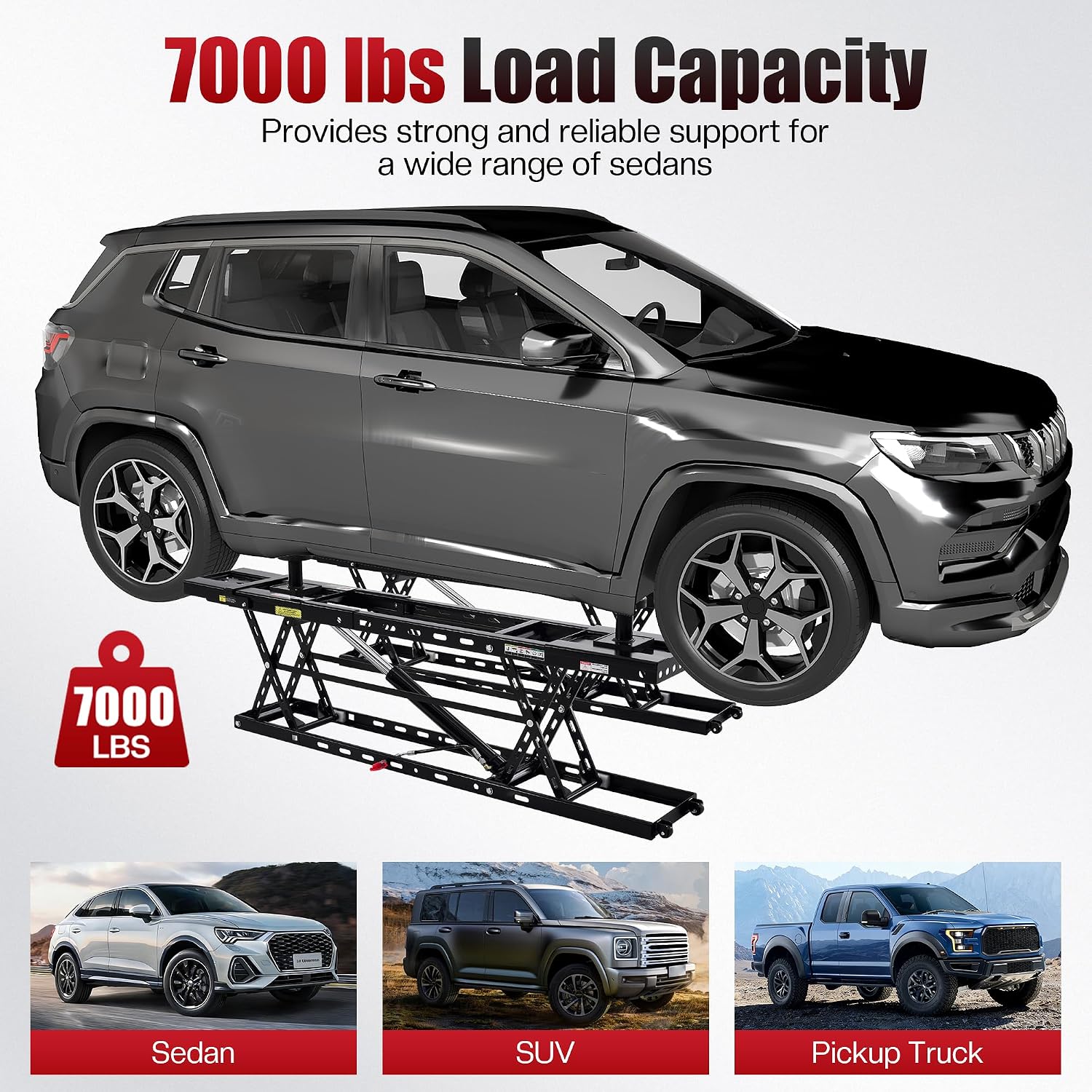 SPECRAFT 7000 LBS Portable Car Lift, Heavy-Duty Hydraulic Quick Jack with 25.4" Max Height, Multi-Safety Lock Bars & Wheels, Adjustable Scissor Lift for Cars, SUVs, Light Trucks, Garage Use, Black