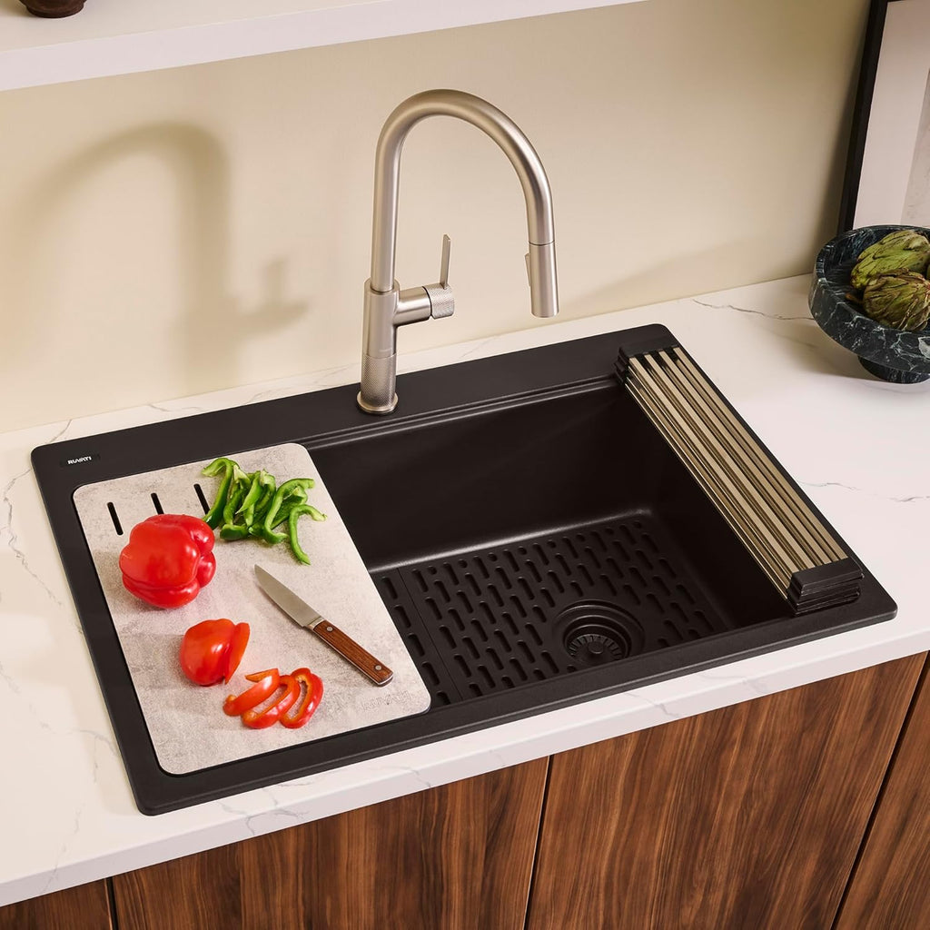 Ruvati 33-inch Granite Composite Quartz Workstation Matte Black Drop-in Topmount Kitchen Sink - RVG1302BK
