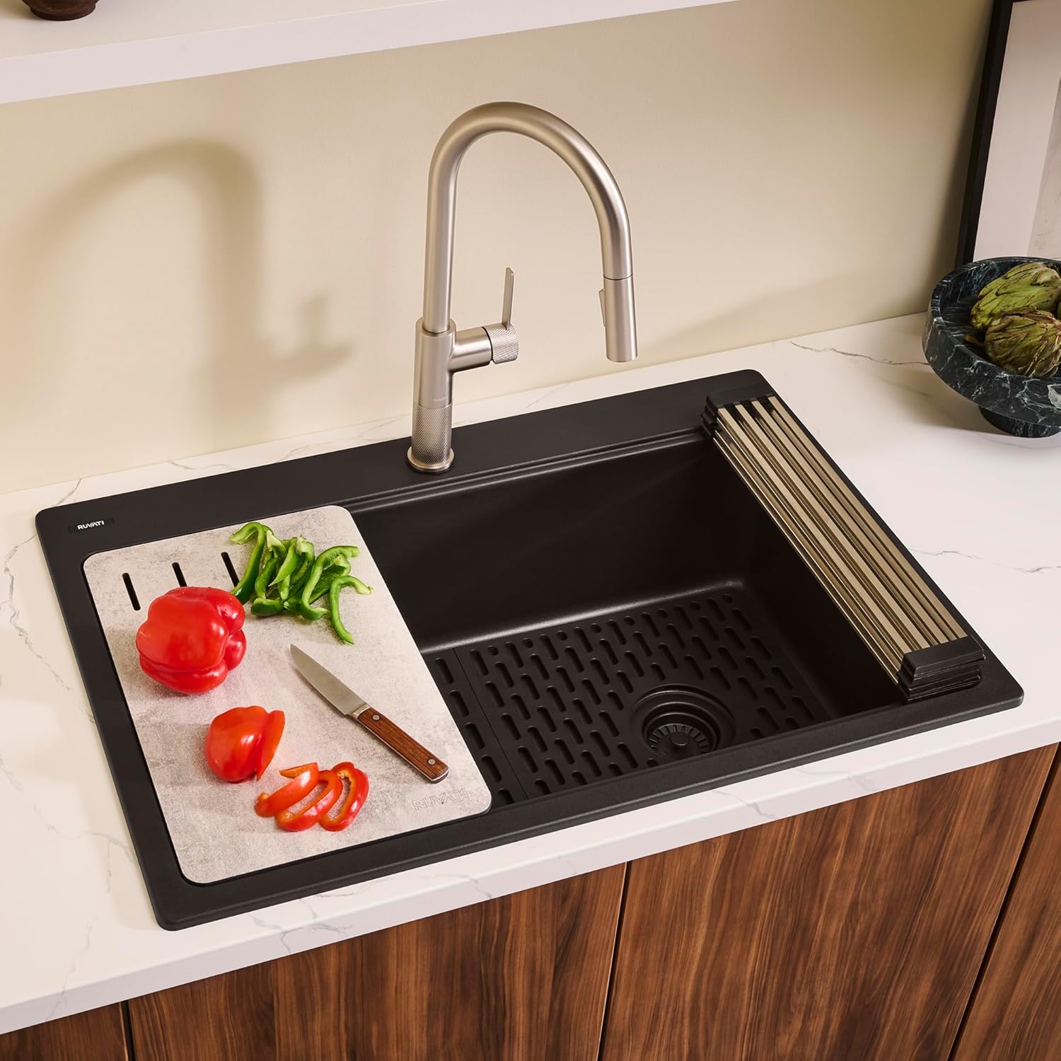 Ruvati 33-inch Granite Composite Quartz Workstation Matte Black Drop-in Topmount Kitchen Sink - RVG1302BK