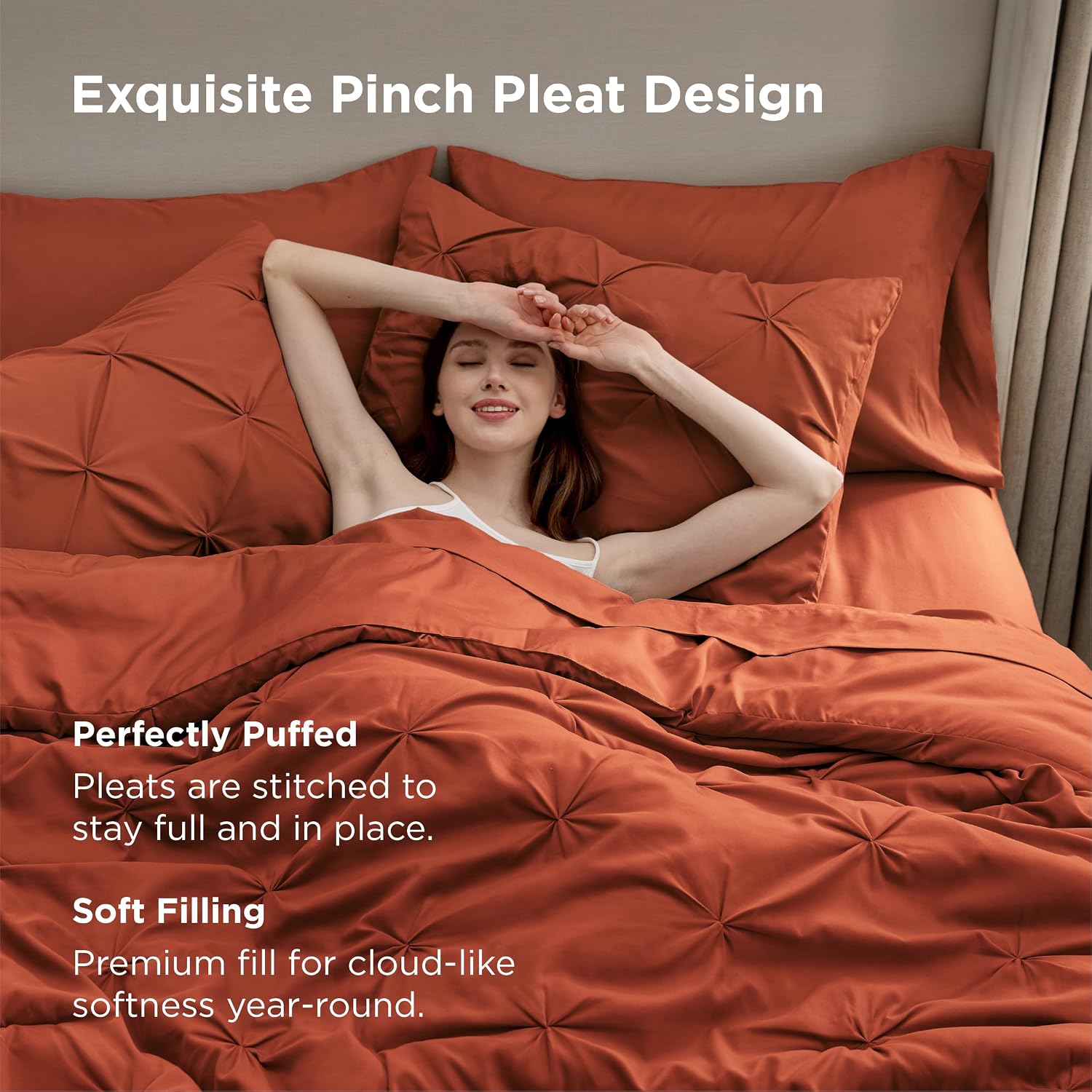 Bedsure King Size Comforter Set Burnt Orange - Bed in a Bag Bedding Set 7 Pieces, GentleSoft™ Pintuck Bed Set Gift for Family, All Season Down Alternative Comforter with Sheets, Pillowcases & Shams