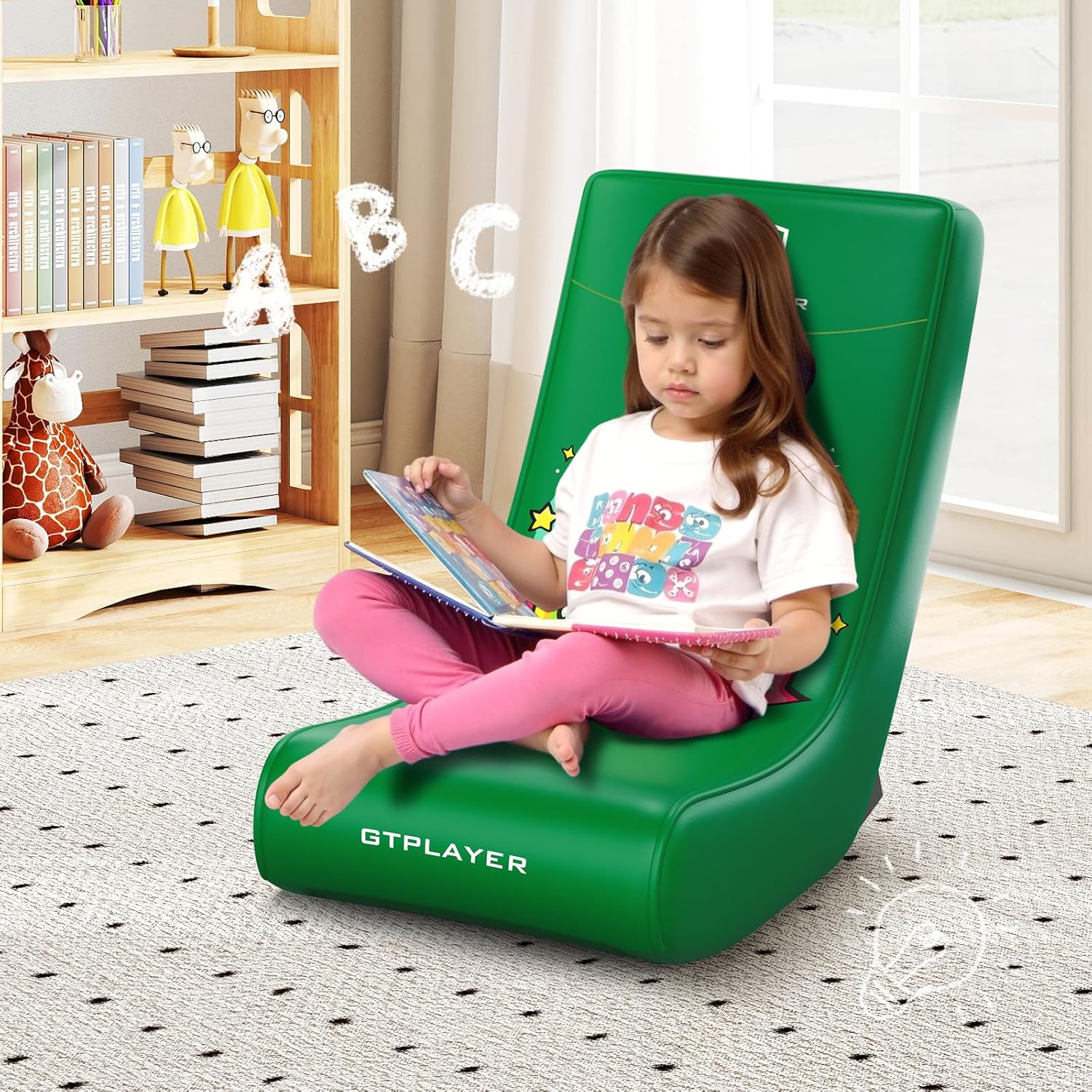 GTPLAYER Gaming Floor Rocking Chair – Rocker Floor Game Chair with Angle Limiter, Stylish Patterned Design, Comfortable Video Game Seat, Green Cat Pattern