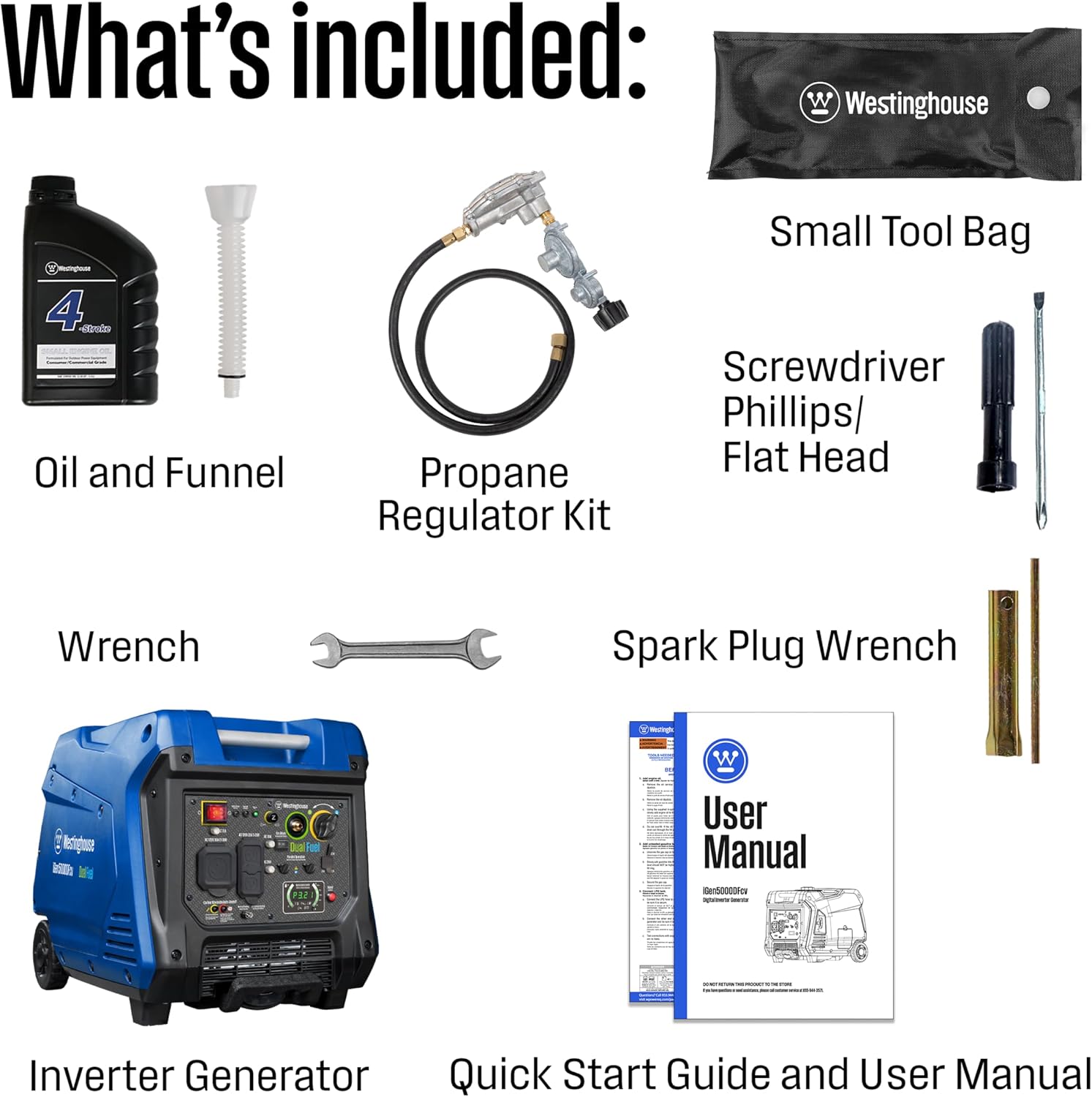 Westinghouse 5000 Peak Watt Super Quiet Dual Fuel Portable Inverter Generator, Wheel & Handle Kit, Gas & Propane Powered, RV Ready, CO Sensor, Parallel Capable