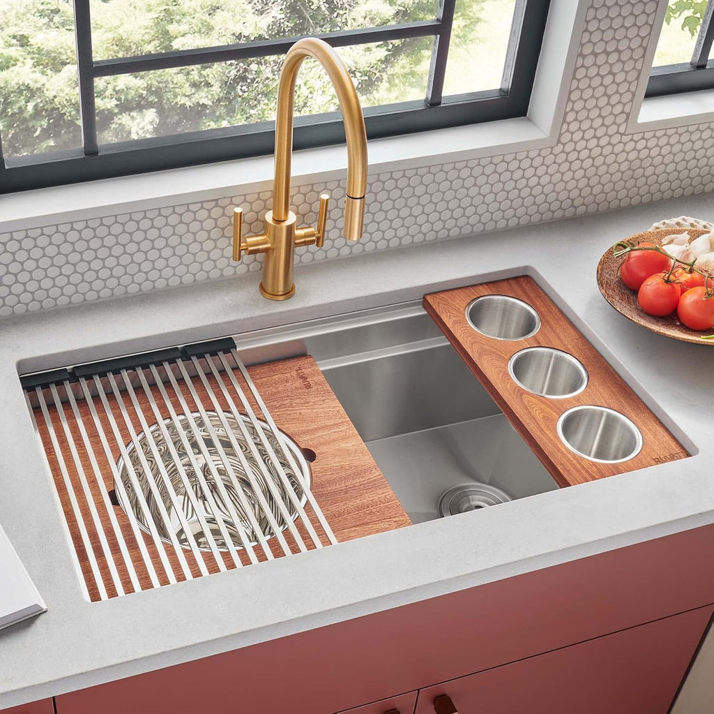 Ruvati 33-inch Undermount Workstation Kitchen Sink – 16 Gauge Stainless Steel kitchen Sink Single Bowl with Cutting Board & Accessories, Brushed Finish Hides Scratches – RVH8222
