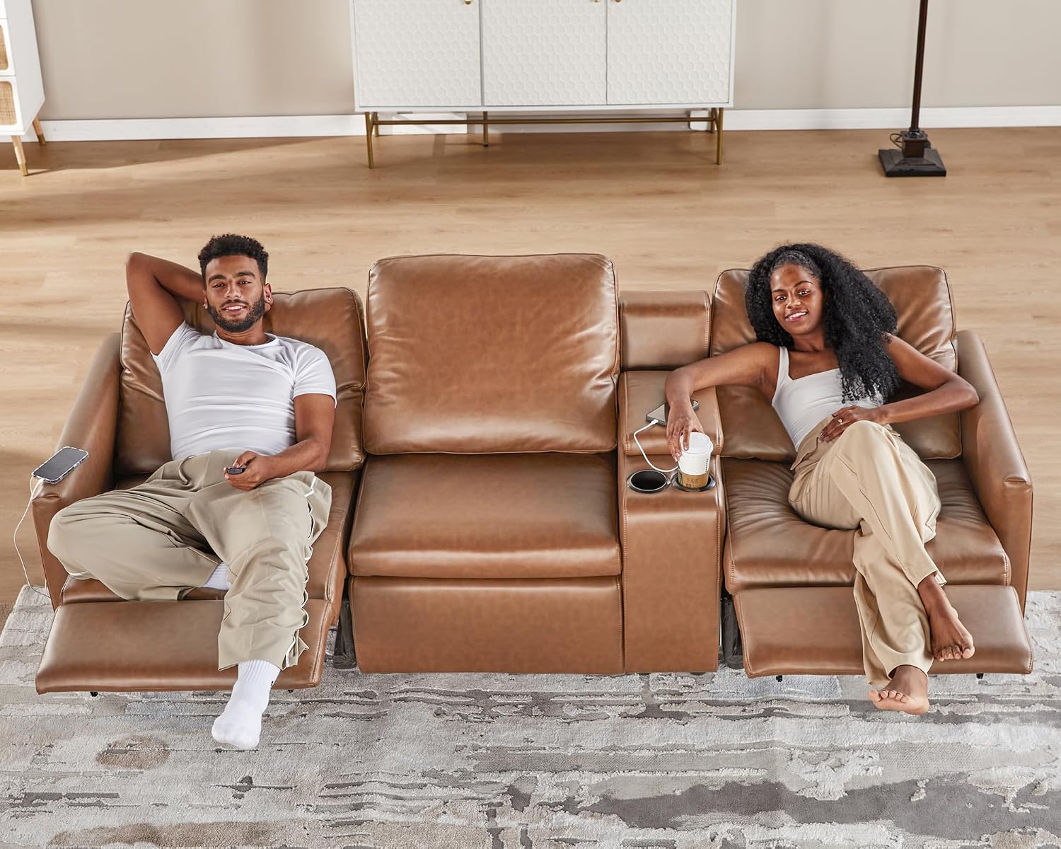 AMERLIFE 36.5” Power Recliner Chair, Single Electric Reclining Sofa with USB Charging Port, Leather Recliner for Living Room, Brown