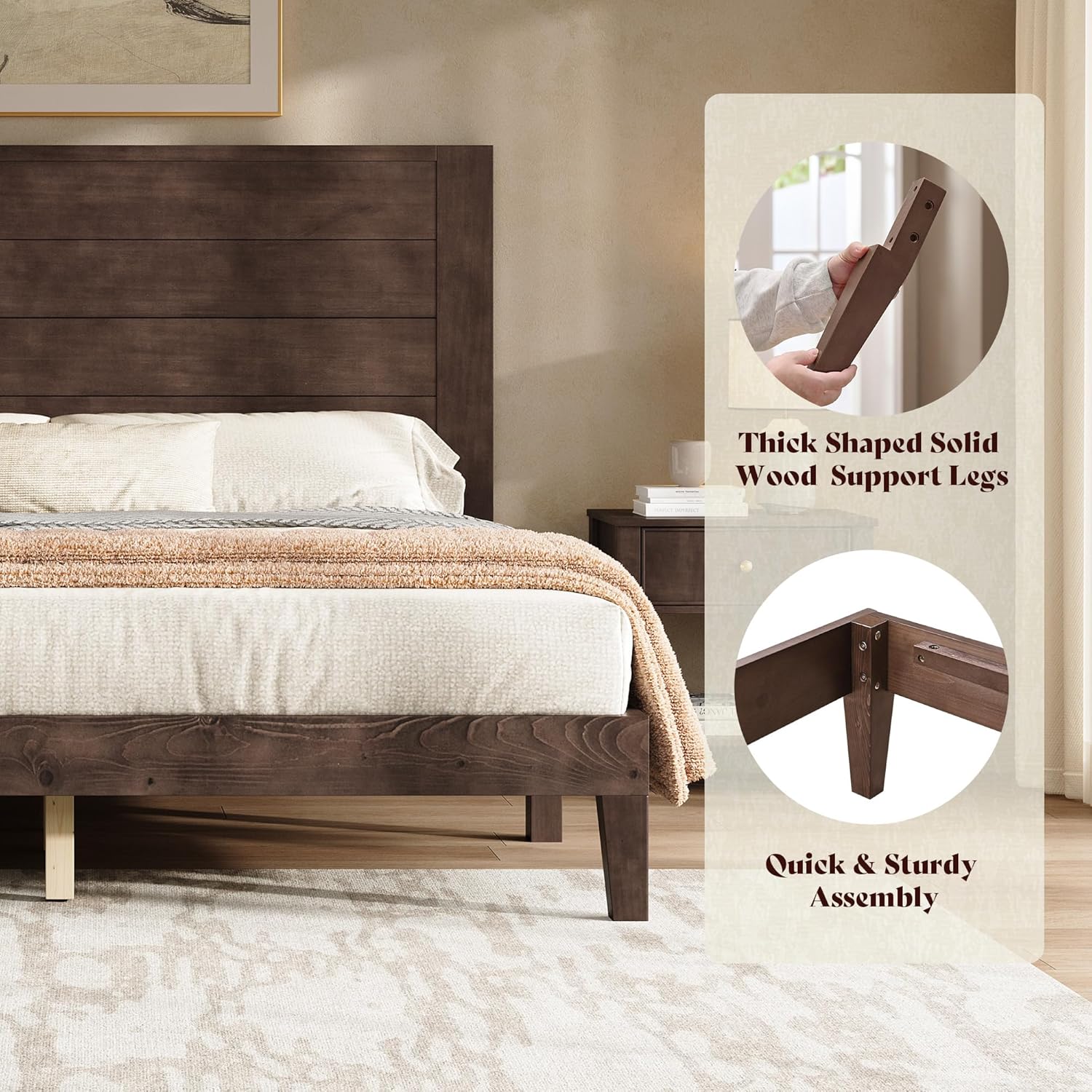 AMERLIFE Queen Size Bed Frame with 48" Tall Headboard, Mid Century Modern Solid Wood Platform Bed with Silent Wood Slat System, No Box Spring Needed, Under-Bed Storage, Dark Walnut