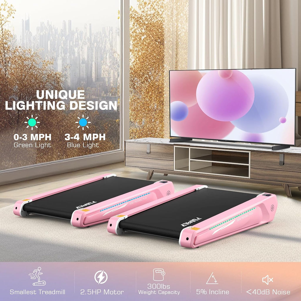 FUNMILY Smallest Walking Pad with 5% Incline, 2 in 1 Under Desk Treadmill for Home Office, 2.5 HP Mini Compact Walking Treadmill, Installation-Free/300lbs Weight Capacity/Unique Lighting Design