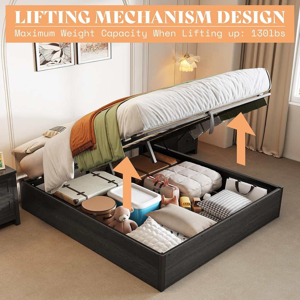 AMERLIFE Lift Up Storage Bed, Queen Bed Frame with Storage Underneath, Wooden Platform Bed Frame, Solid Wood Slats Support, No Fixed Headboard, No Box Spring Needed, Dark Oak