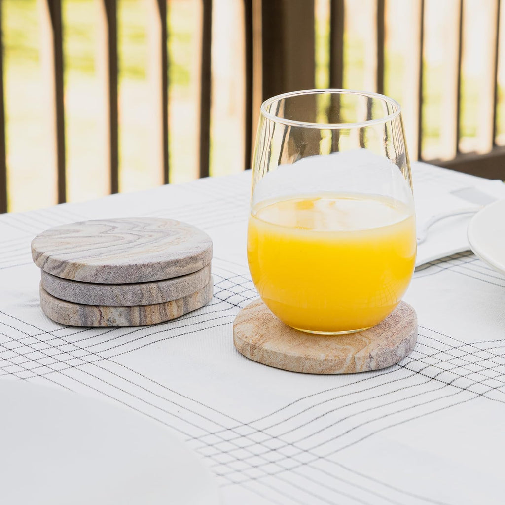 Cork & Mill Absorbent Coasters Set of 4 - Water Absorbing Sandstone Coasters for Drinks - Perfect for Coffee Table, Office Desk, Outdoor, Bedroom Nightstand - 4" Round - Unique Irregular Edge Design