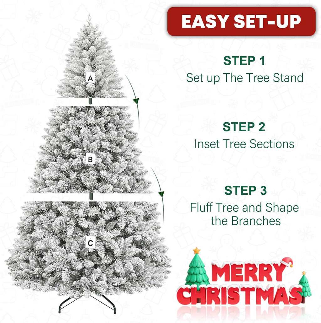6ft Prelit Flocked Christmas Tree, Artificial Holiday Christmas Tree with 250 Warm White Lights, 1032 Branch Tips, Hinged Design & Metal Base, Easy Assembly for Indoor Decorating