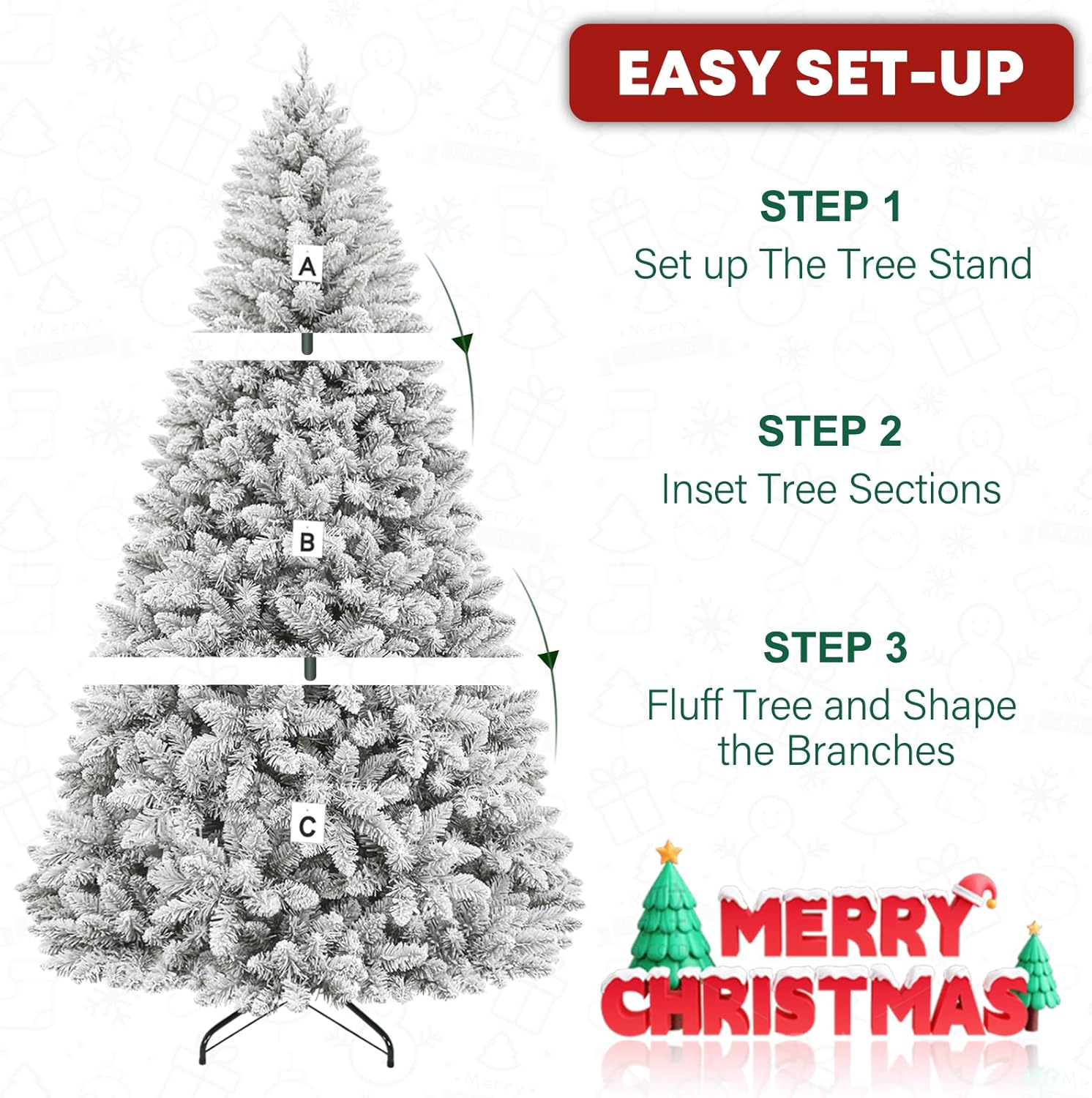 6ft Prelit Flocked Christmas Tree, Artificial Holiday Christmas Tree with 250 Warm White Lights, 1032 Branch Tips, Hinged Design & Metal Base, Easy Assembly for Indoor Decorating