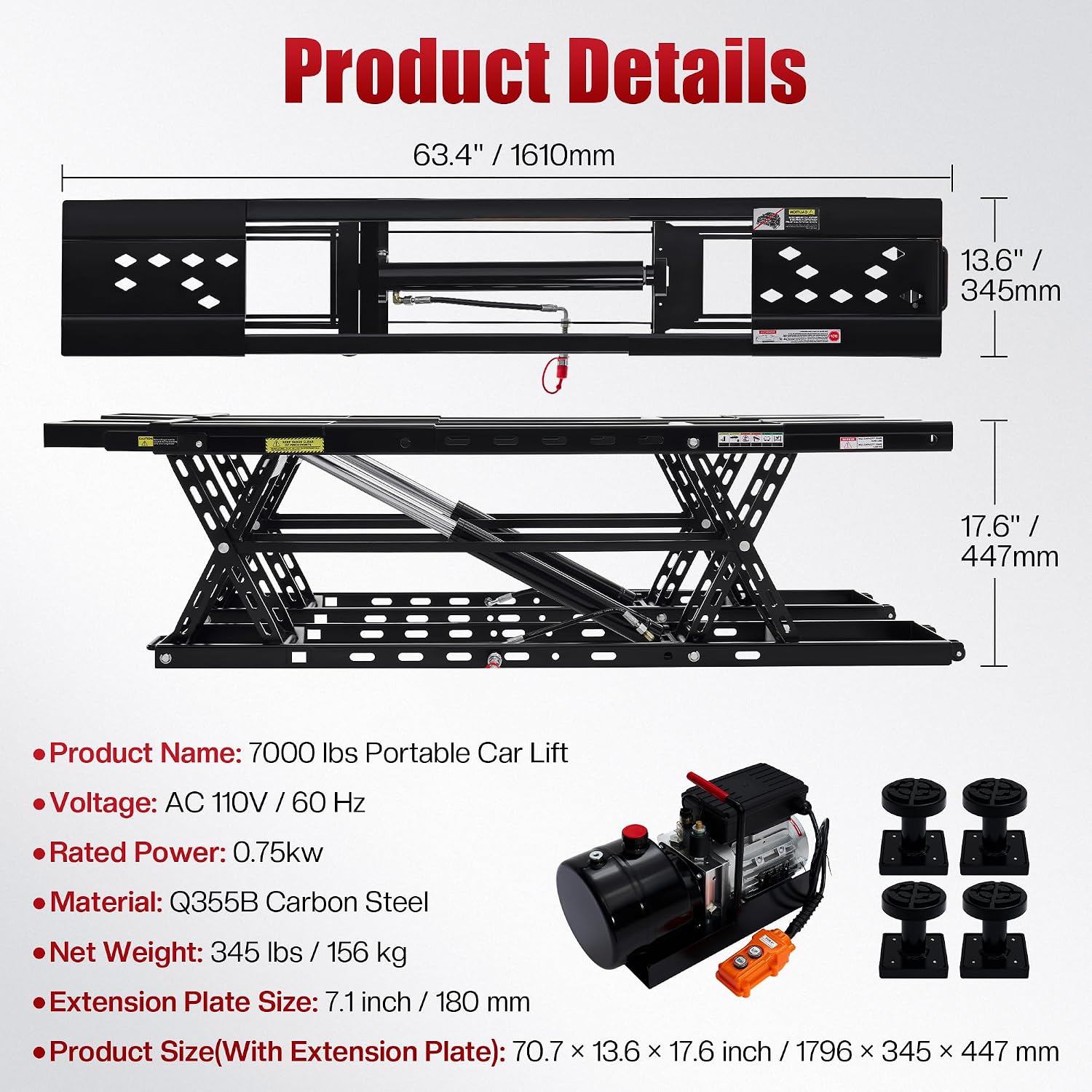 SPECRAFT 7000 LBS Portable Car Lift, Heavy-Duty Hydraulic Quick Jack with 25.4" Max Height, Multi-Safety Lock Bars & Wheels, Adjustable Scissor Lift for Cars, SUVs, Light Trucks, Garage Use, Black
