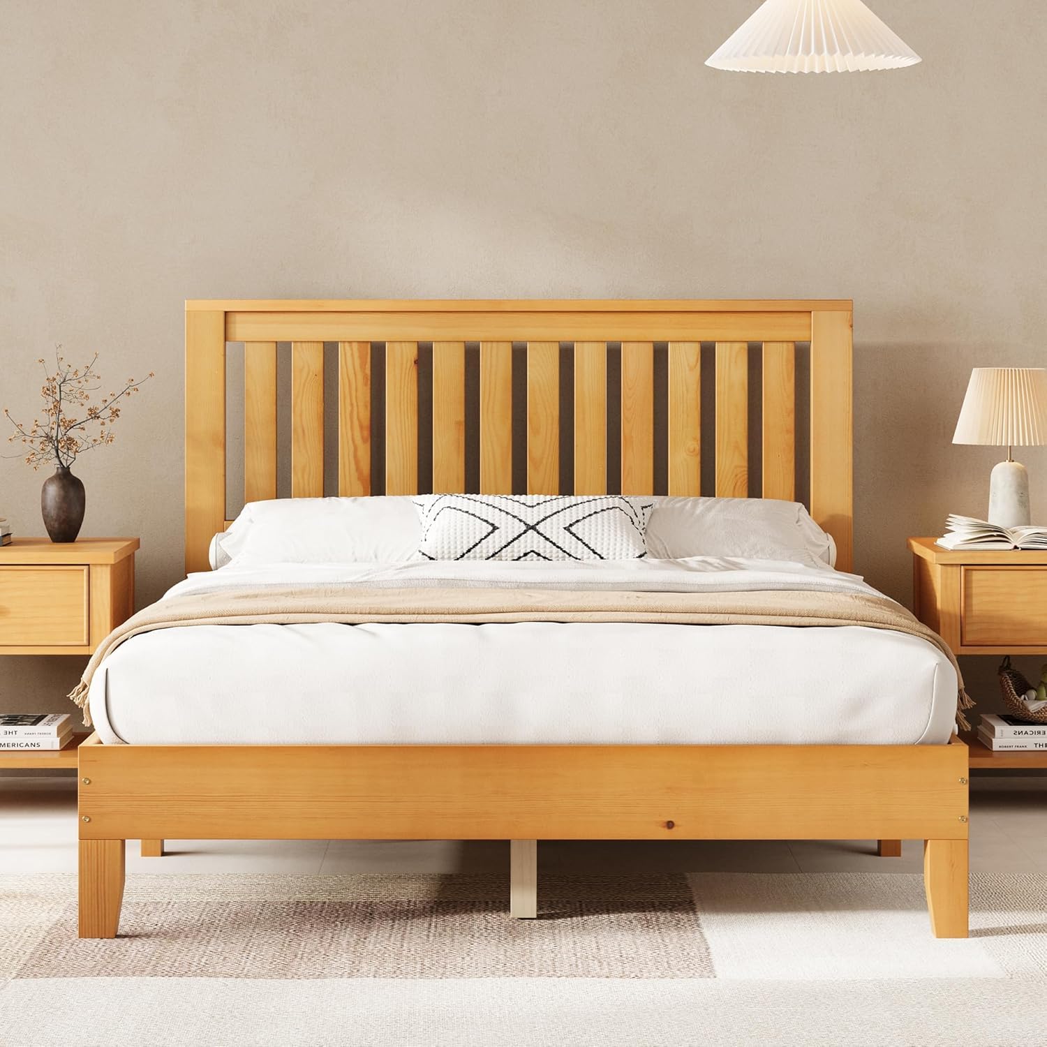 AMERLIFE Full Bed Frame, Solid Wood Platform Bed with Vertical Slats Headboard, Wooden Bedframe Full-Size, Sturdy Wooden Slats Support, No Box Spring Needed, Noise Free, Light Wood