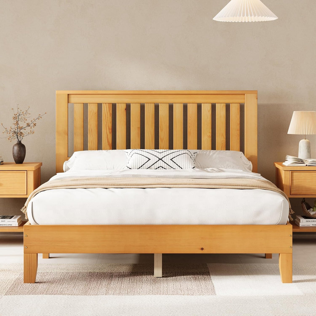 AMERLIFE Full Bed Frame, Solid Wood Platform Bed with Vertical Slats Headboard, Wooden Bedframe Full-Size, Sturdy Wooden Slats Support, No Box Spring Needed, Noise Free, Light Wood