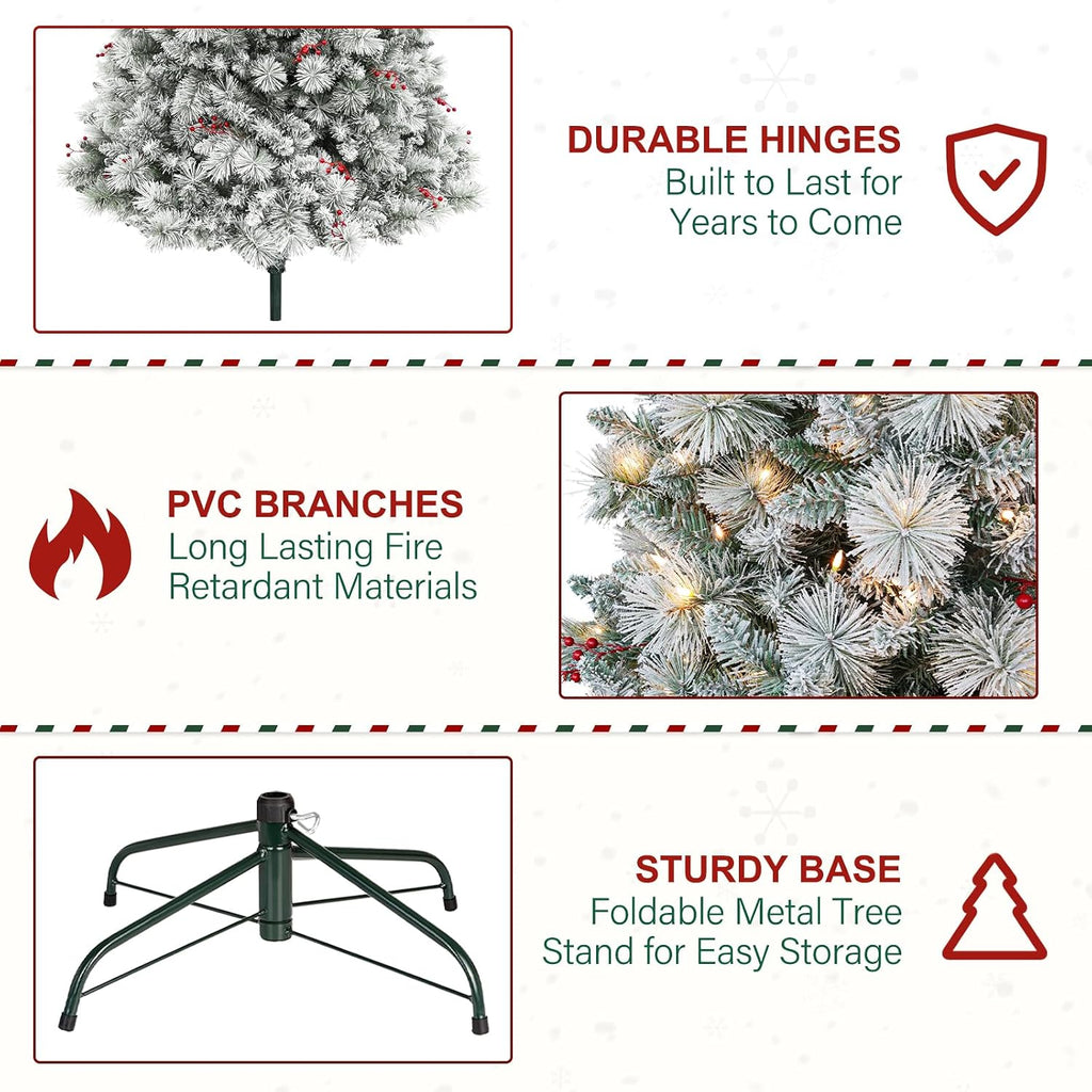 6 ft Lighted Snow Flocked Christmas Tree, 250 Warm White Lights, Artificial Christmas Tree with 1032 Frosted Branch Tips, Metal Stand and Hinged Branches for Indoor Decor