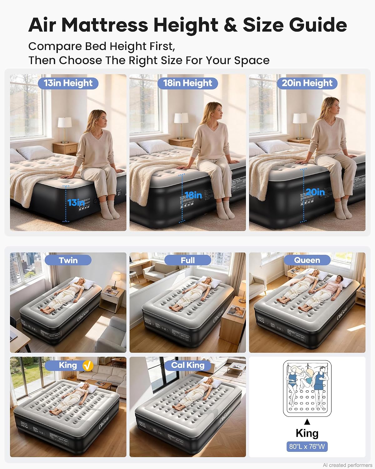 OhGeni 20" Raised King Air Mattress with Built in Pump, Luxury Real Bed Height Blow up Mattress, 3-4 Persons Inflatable Mattress for Guests & Family Party, Ideal for Elder People, 700lbs