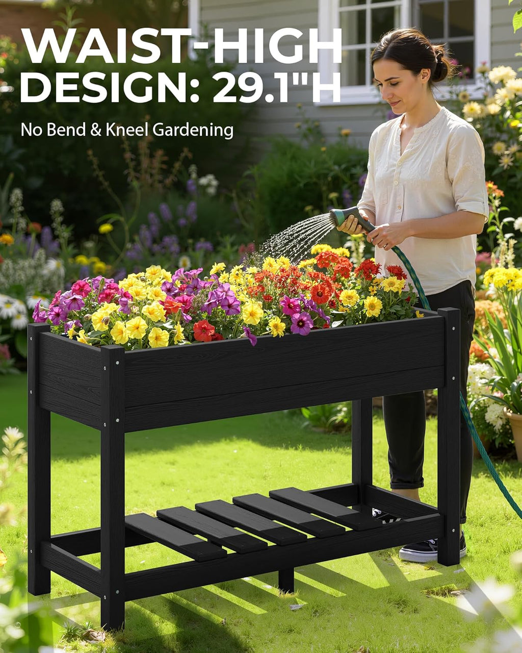 SERWALL Raised Garden Bed, Black, 43"×17"×30" | Large HDPE, Elevated Planter Box, For Vegetables Flower Herb, Patio, All Weather Use