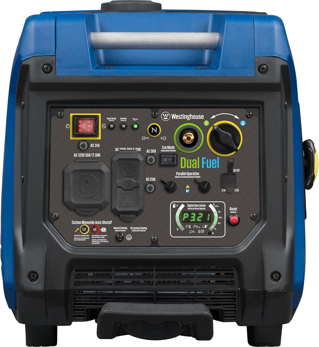 Westinghouse 5000 Peak Watt Super Quiet Dual Fuel Portable Inverter Generator, Wheel & Handle Kit, Gas & Propane Powered, RV Ready, CO Sensor, Parallel Capable