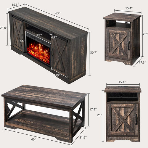 AMERLIFE 5-Piece Farmhouse Table Set Includes Fireplace TV Stand, Coffee Table& Two End Tables with Charging Station and USB Ports, for Living Room, Dark Oak, 63"