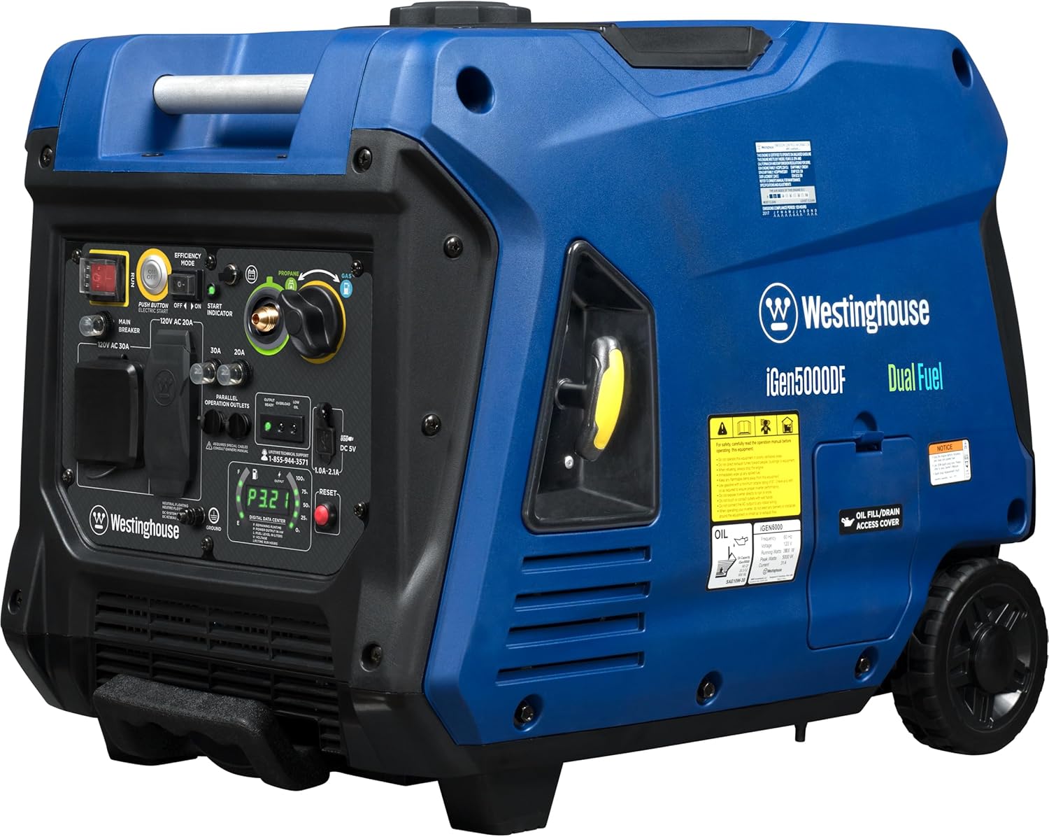 Westinghouse 5000 Peak Watt Super Quiet Dual Fuel Portable Inverter Generator, Remote Electric Start, Gas & Propane Powered, RV Ready 30A Outlet, Parallel Capable, Blue/Black