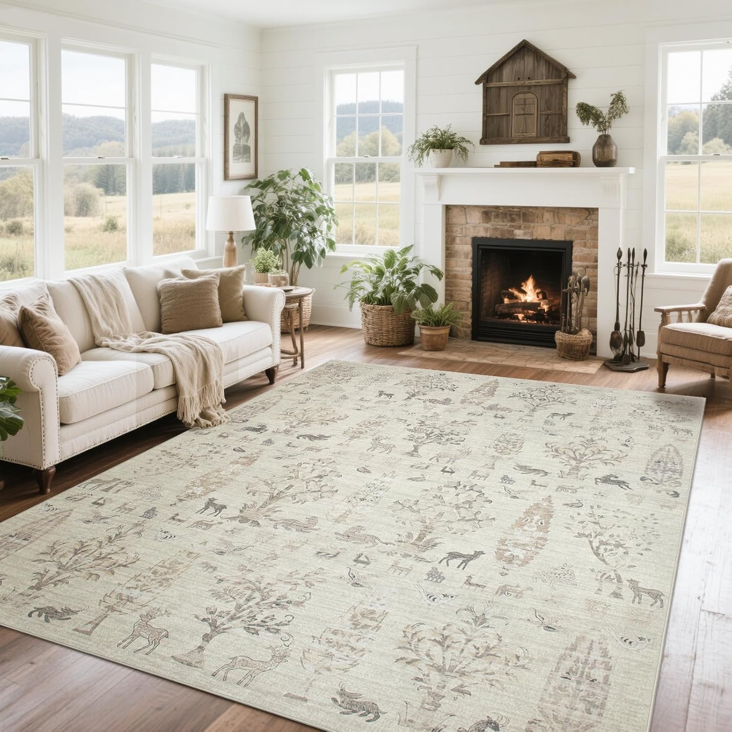 Srugn Washable Area Rug for Living, Bedroom & Dining Room, Ultra Soft Faux Wool Retro Large Carpet, Non-Slip/Shedding Low Pile Vintage Print for Home Office Decor, Beige Ivory Cream Brown Camel, 5x7