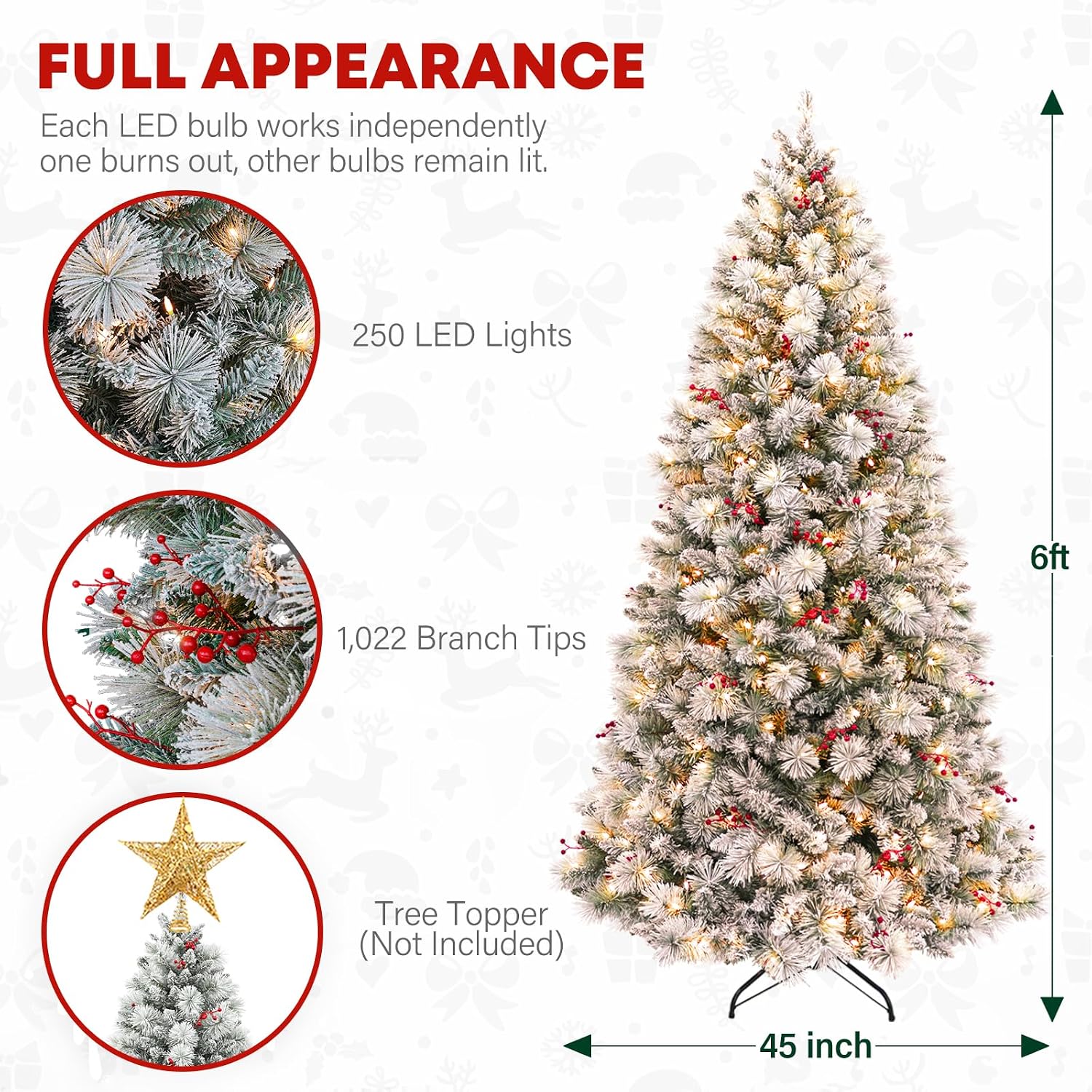 6 ft Lighted Snow Flocked Christmas Tree, 250 Warm White Lights, Artificial Christmas Tree with 1032 Frosted Branch Tips, Metal Stand and Hinged Branches for Indoor Decor