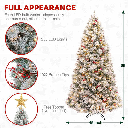 6 ft Lighted Snow Flocked Christmas Tree, 250 Warm White Lights, Artificial Christmas Tree with 1032 Frosted Branch Tips, Metal Stand and Hinged Branches for Indoor Decor