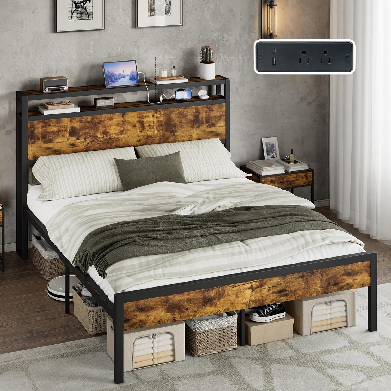 AMERLIFE Queen Size Bed Frame with Storage Headboard & Charging Station, Industrial Metal Platform Bed with Large Under-Bed Storage, Heavy Duty Slats, No Box Spring Needed, Dark Brown