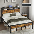 AMERLIFE Queen Size Bed Frame with Storage Headboard & Charging Station, Industrial Metal Platform Bed with Large Under-Bed Storage, Heavy Duty Slats, No Box Spring Needed, Dark Brown