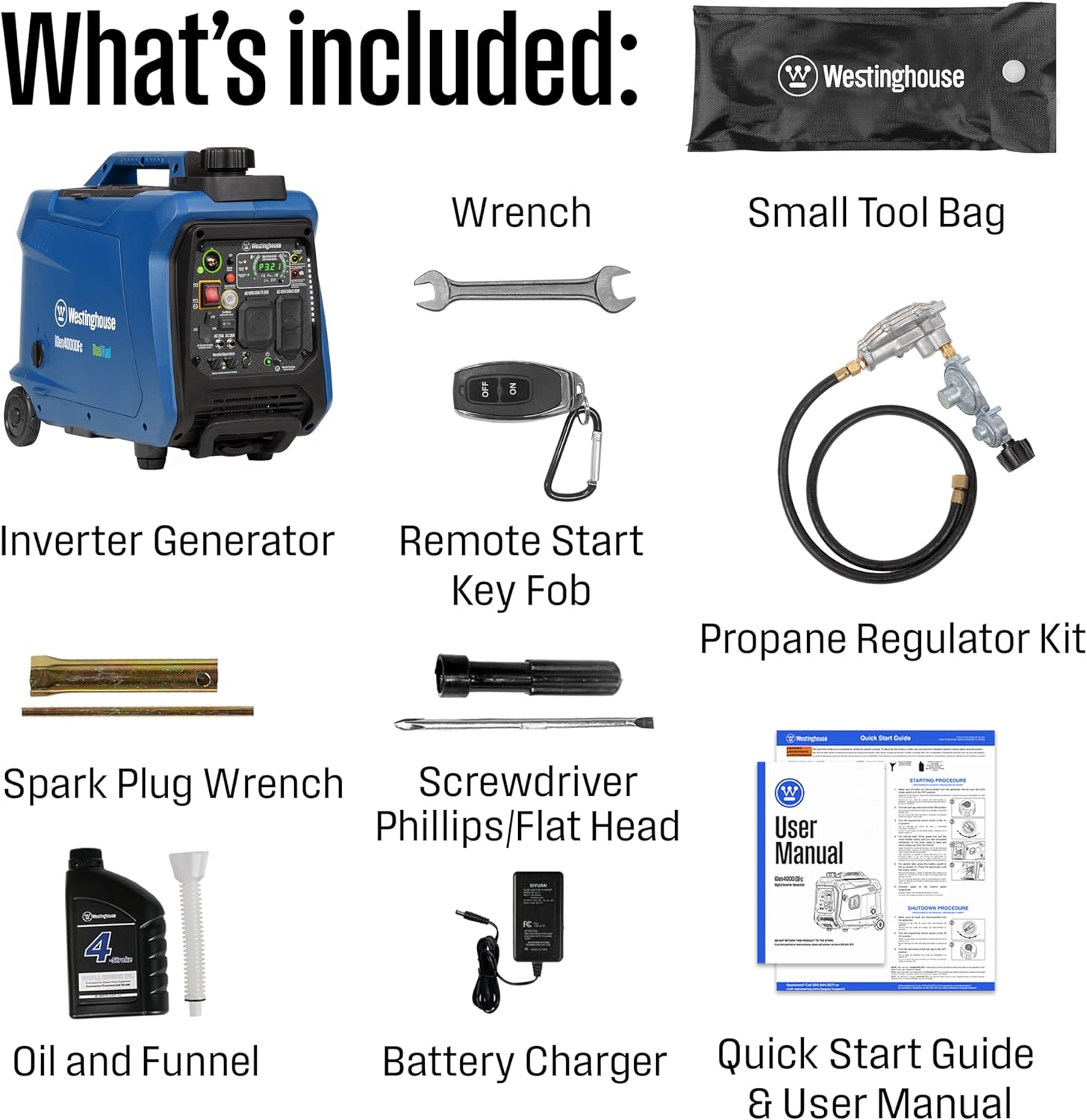 Westinghouse 4000 Peak Watt Super Quiet Dual Fuel Portable Inverter Generator, Remote Electric Start, Gas & Propane Powered, RV Ready, CO Sensor, Parallel Capable