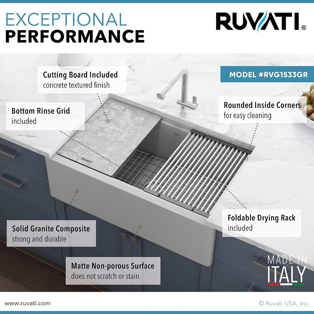 Ruvati 33-inch Matte Gray Farmhouse Granite Composite Quartz Workstation Apron-front Kitchen Sink - RVG1533GR
