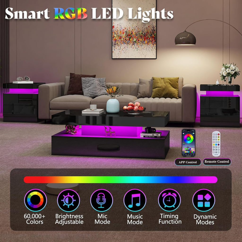 AMERLIFE High Gloss LED Nightstand Set of 2 with Charging Station, Modern Bedside Table Night Stand with LED Lights, Sofa End Side Tables with Drawers for Bedroom Living Room, Black
